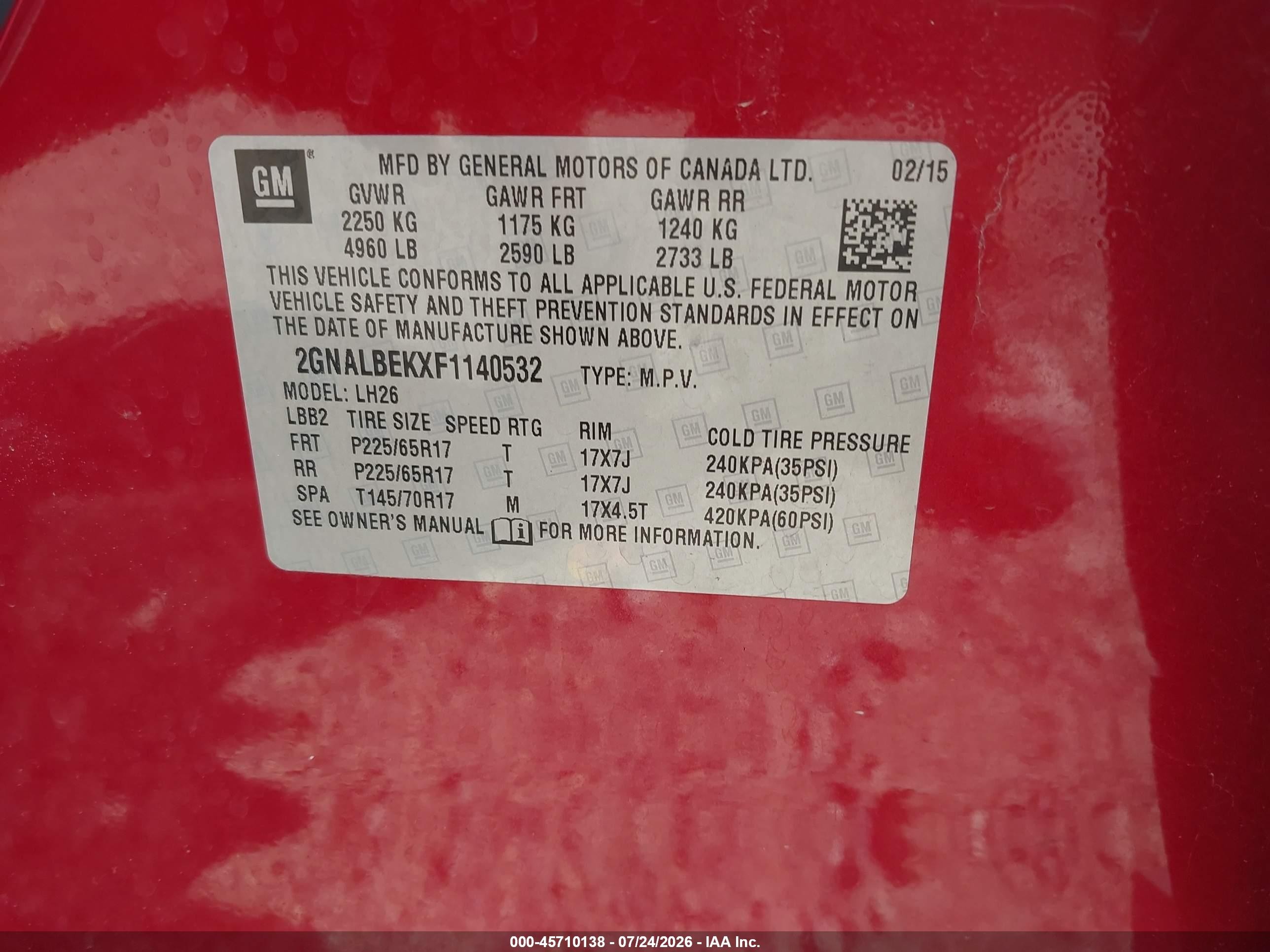 2015 Chevrolet Equinox 1lt Red vin: 2GNALBEKXF1140532
