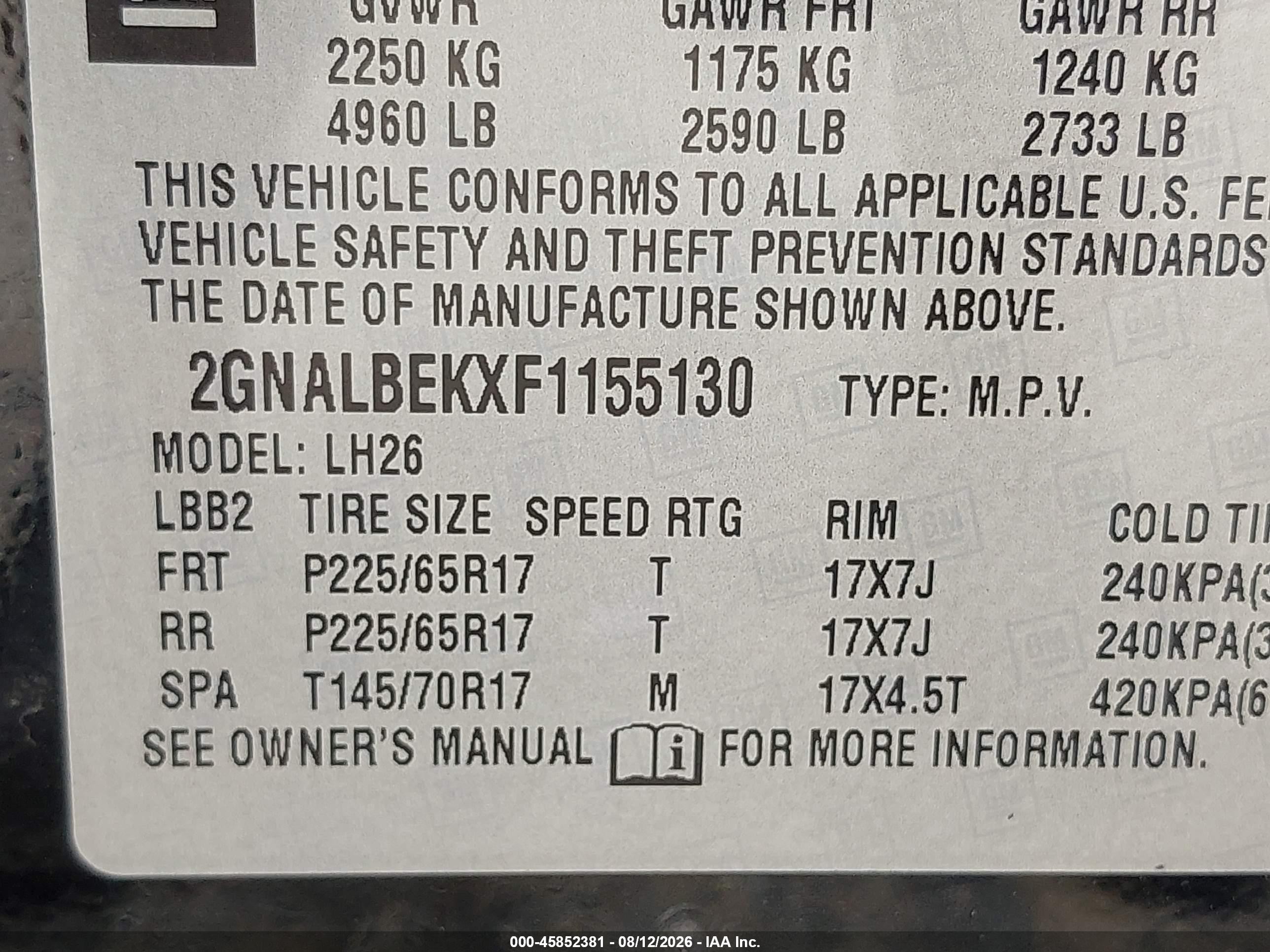 2015 Chevrolet Equinox Lt Black vin: 2GNALBEKXF1155130