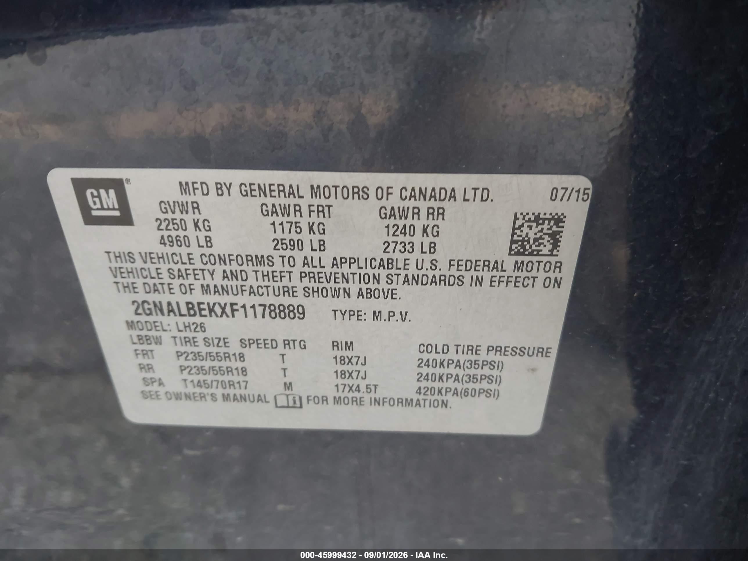 2015 Chevrolet Equinox 1lt Blue vin: 2GNALBEKXF1178889