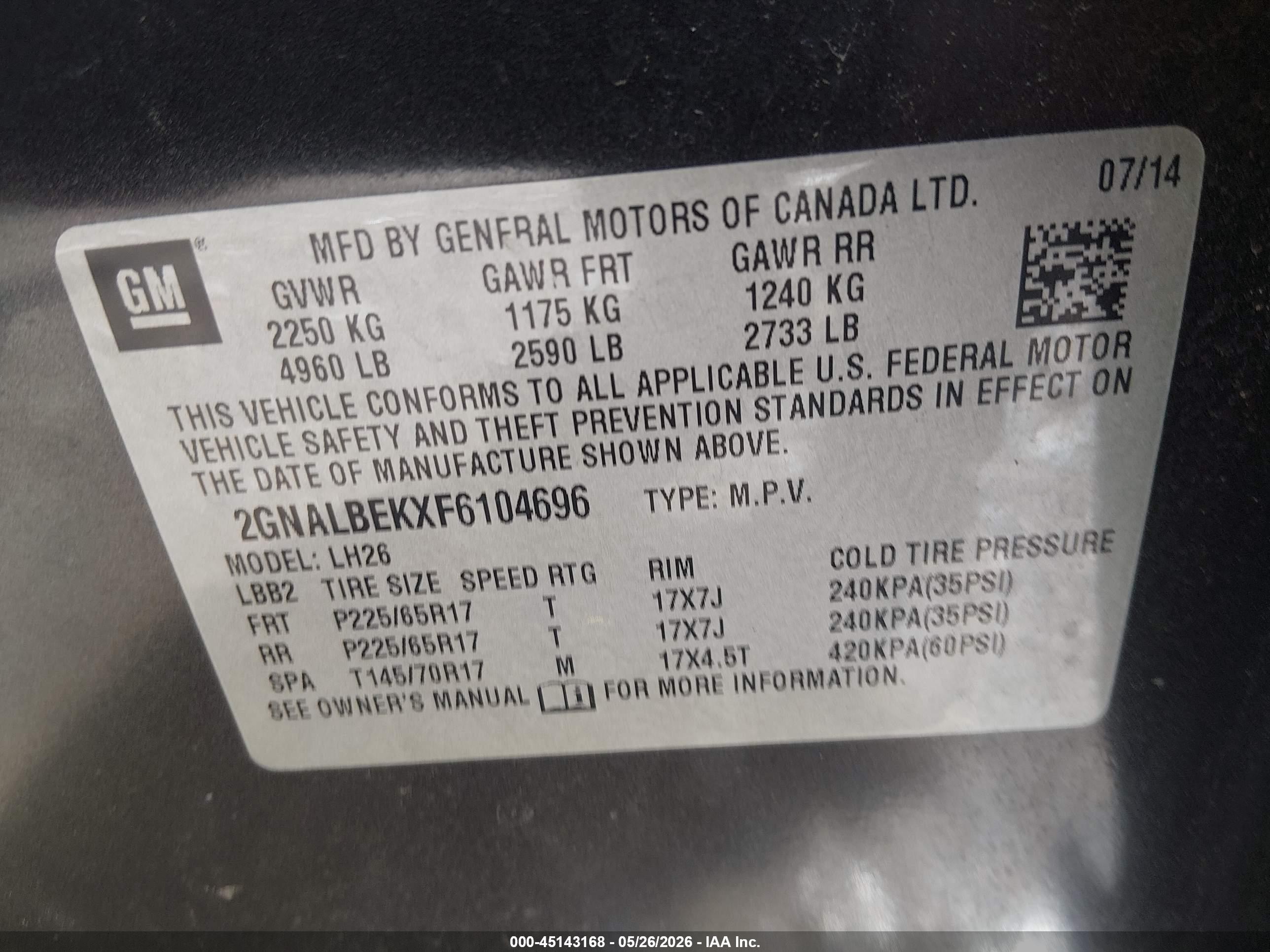 2015 Chevrolet Equinox 1lt Gray vin: 2GNALBEKXF6104696