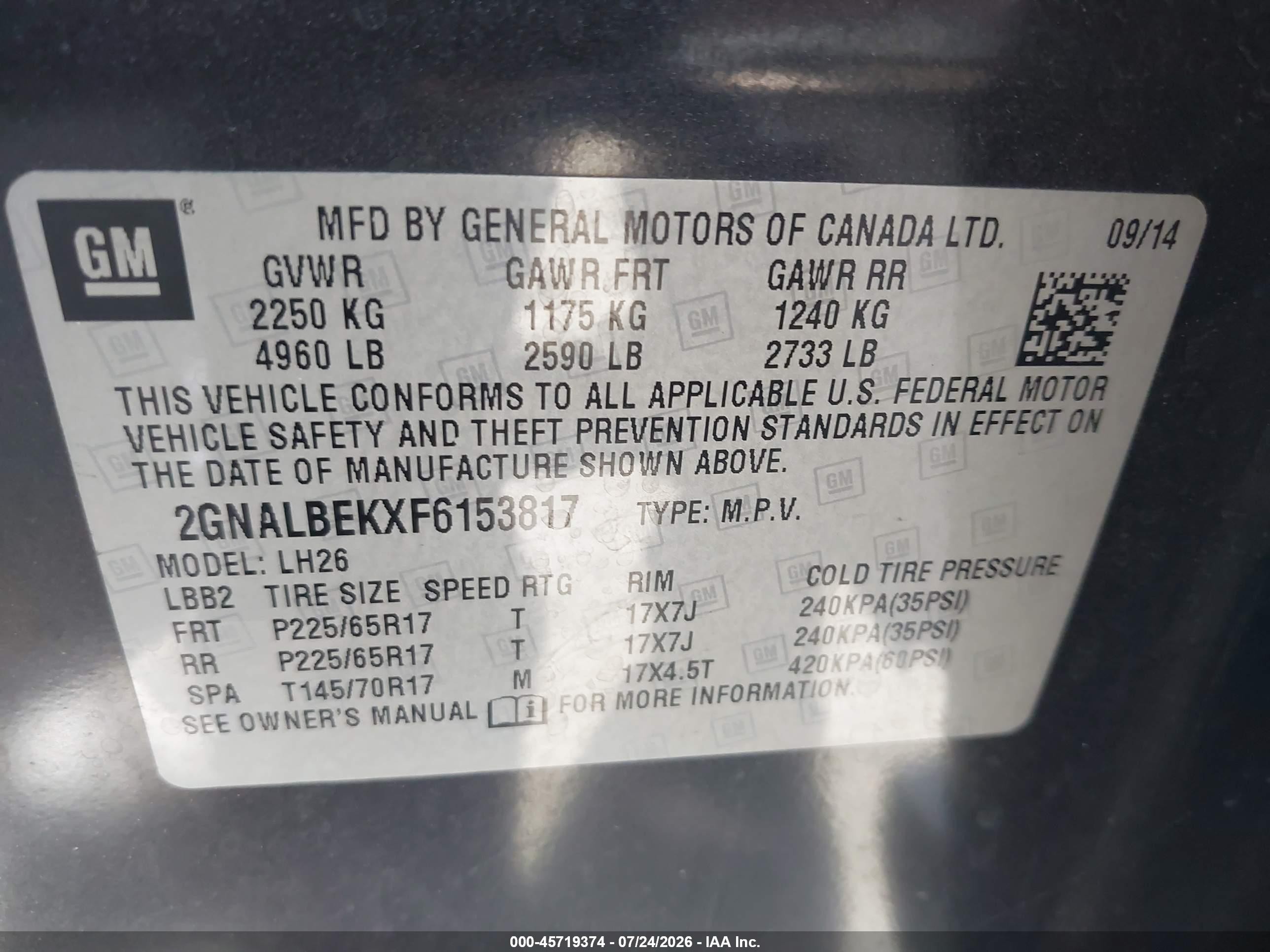 2015 Chevrolet Equinox Lt Black vin: 2GNALBEKXF6153817