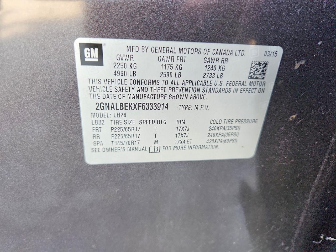 2015 Chevrolet Equinox Lt Charcoal vin: 2GNALBEKXF6333914