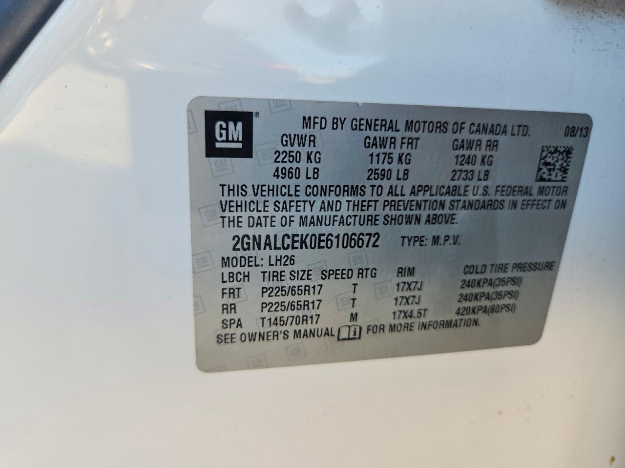 2014 Chevrolet Equinox Lt White vin: 2GNALCEK0E6106672