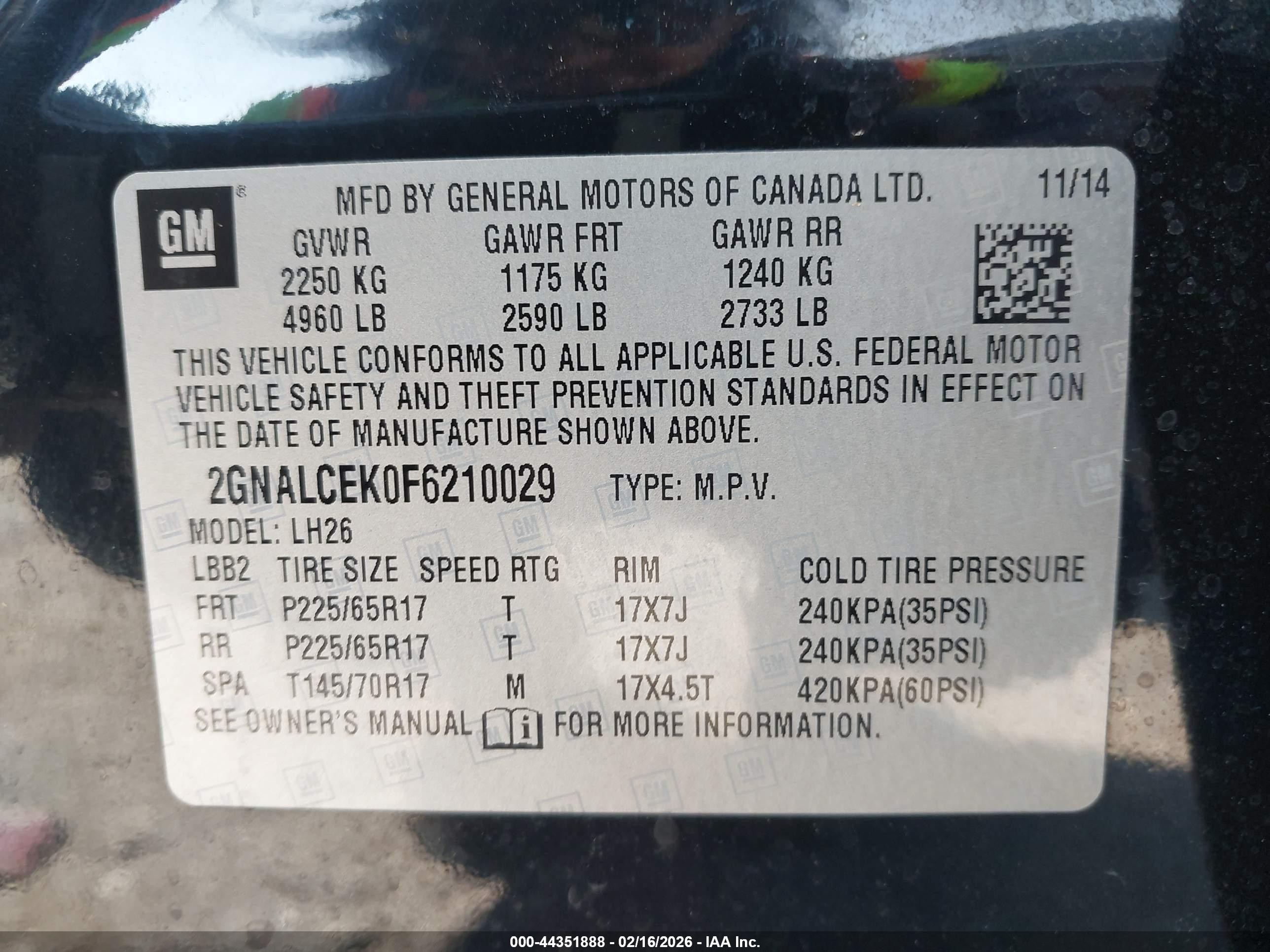 2015 Chevrolet Equinox 2lt Black vin: 2GNALCEK0F6210029