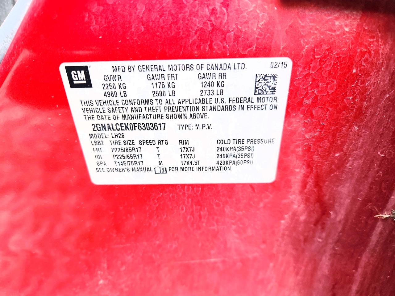 2015 Chevrolet Equinox Lt Red vin: 2GNALCEK0F6303617