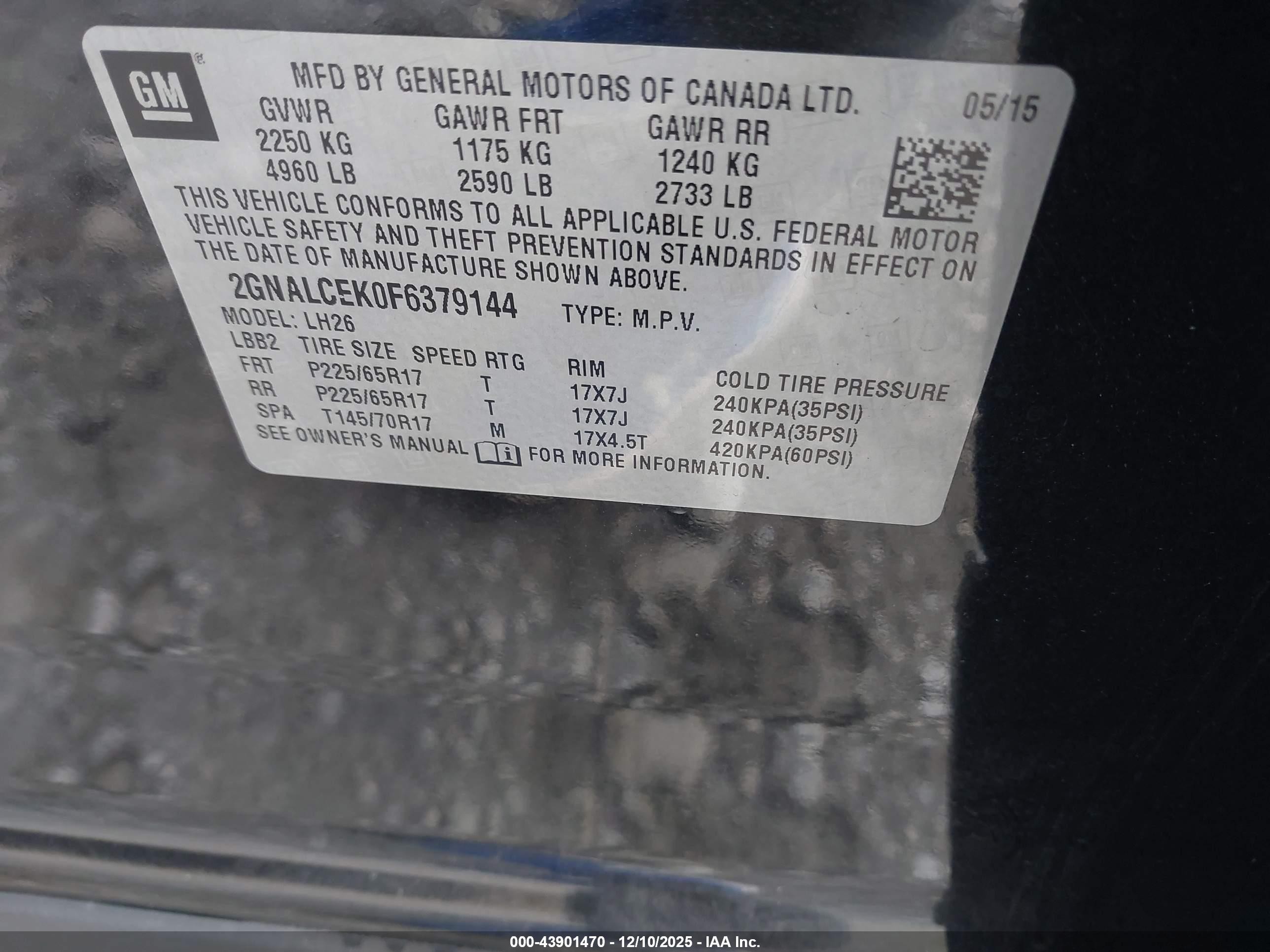 2015 Chevrolet Equinox 2lt Black vin: 2GNALCEK0F6379144