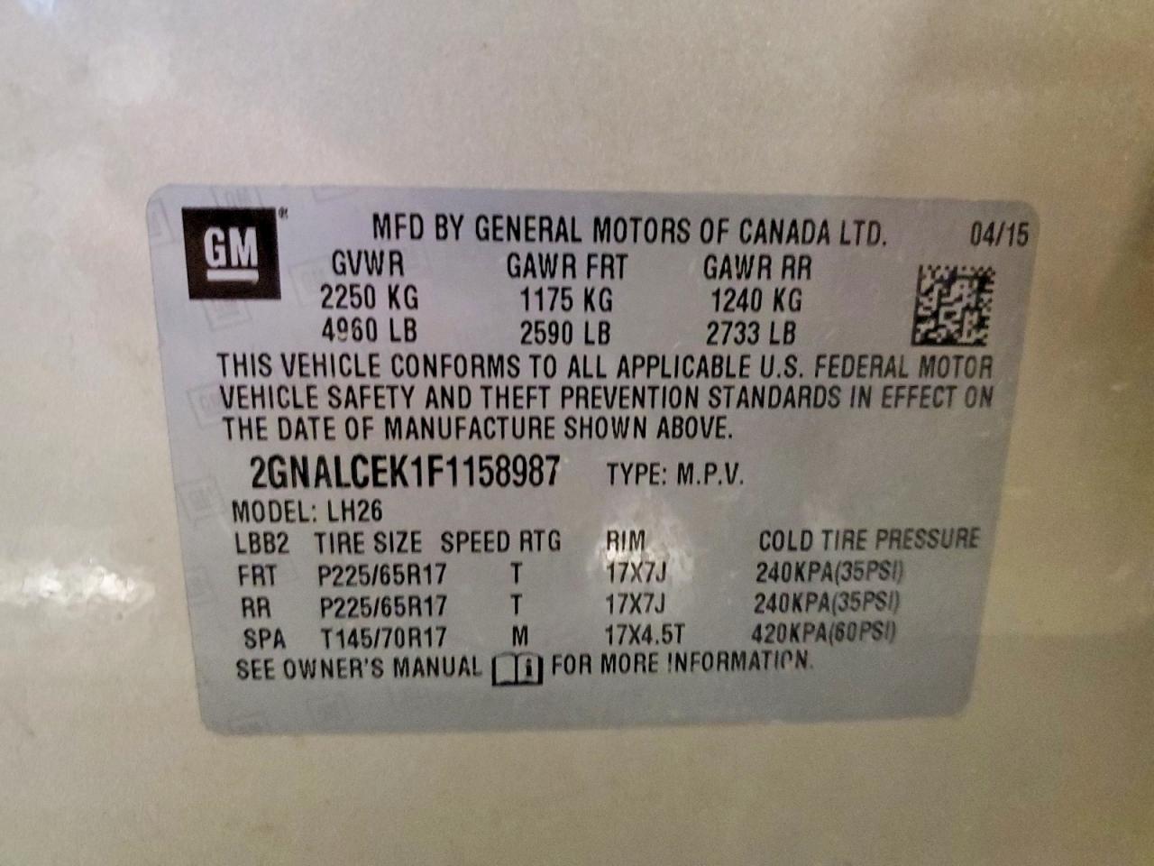 2015 Chevrolet Equinox Lt Cream vin: 2GNALCEK1F1158987