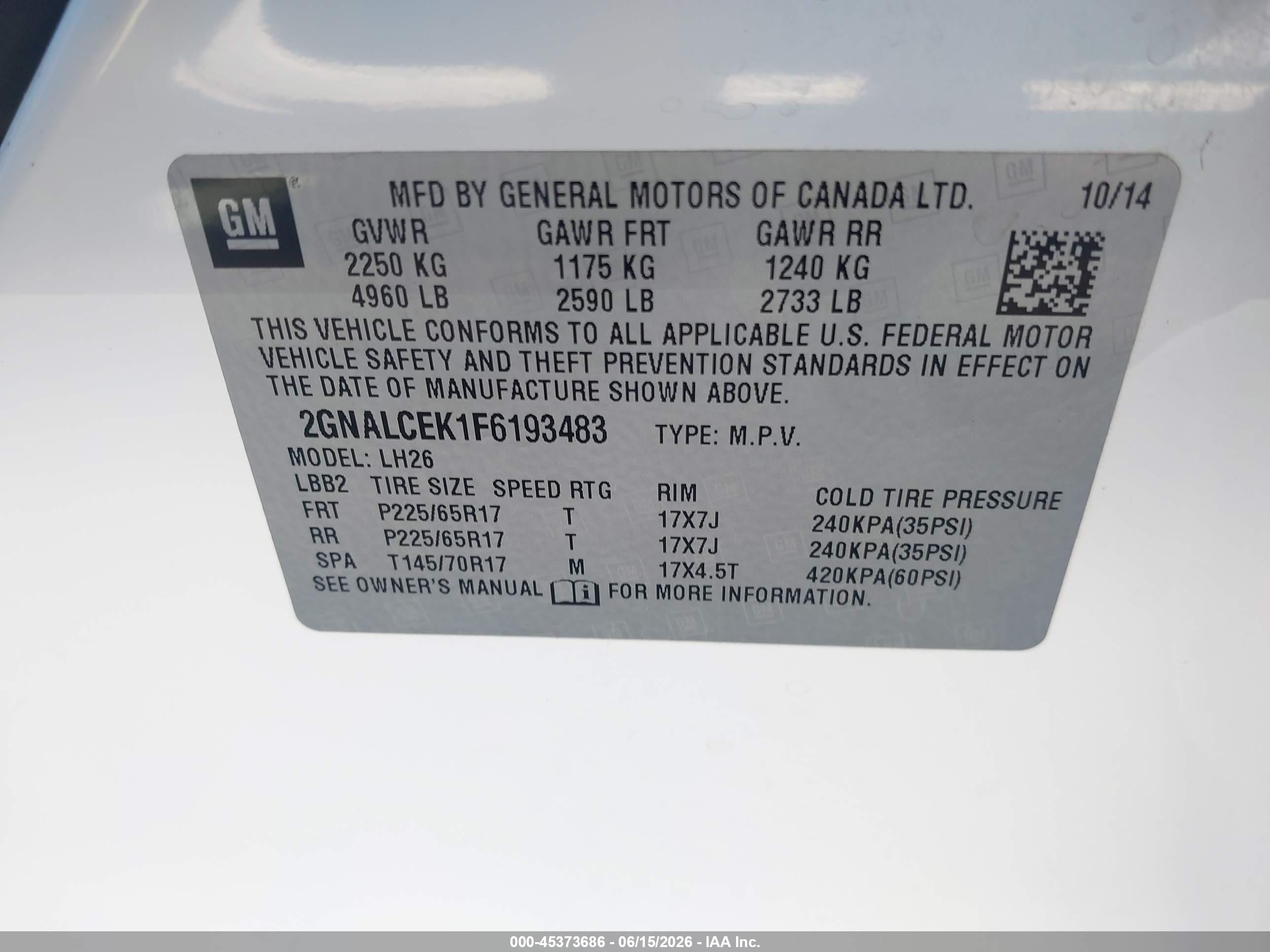 2015 Chevrolet Equinox Lt White vin: 2GNALCEK1F6193483