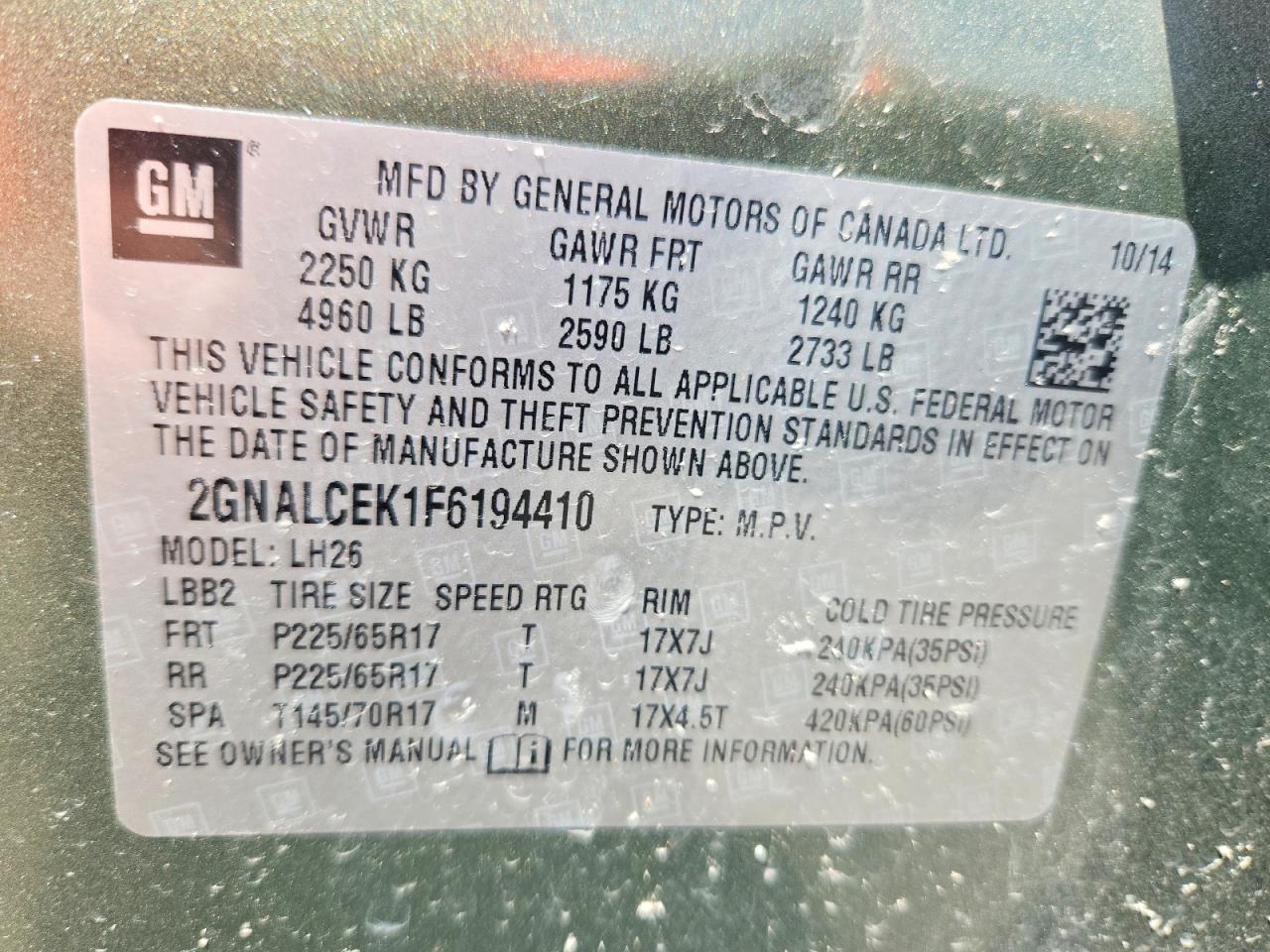 2015 Chevrolet Equinox Lt Green vin: 2GNALCEK1F6194410