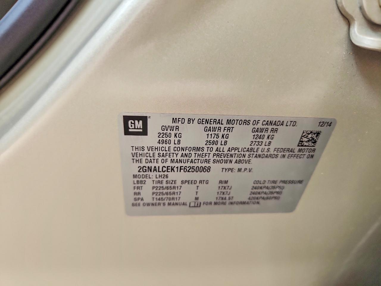 2015 Chevrolet Equinox Lt Gold vin: 2GNALCEK1F6250068