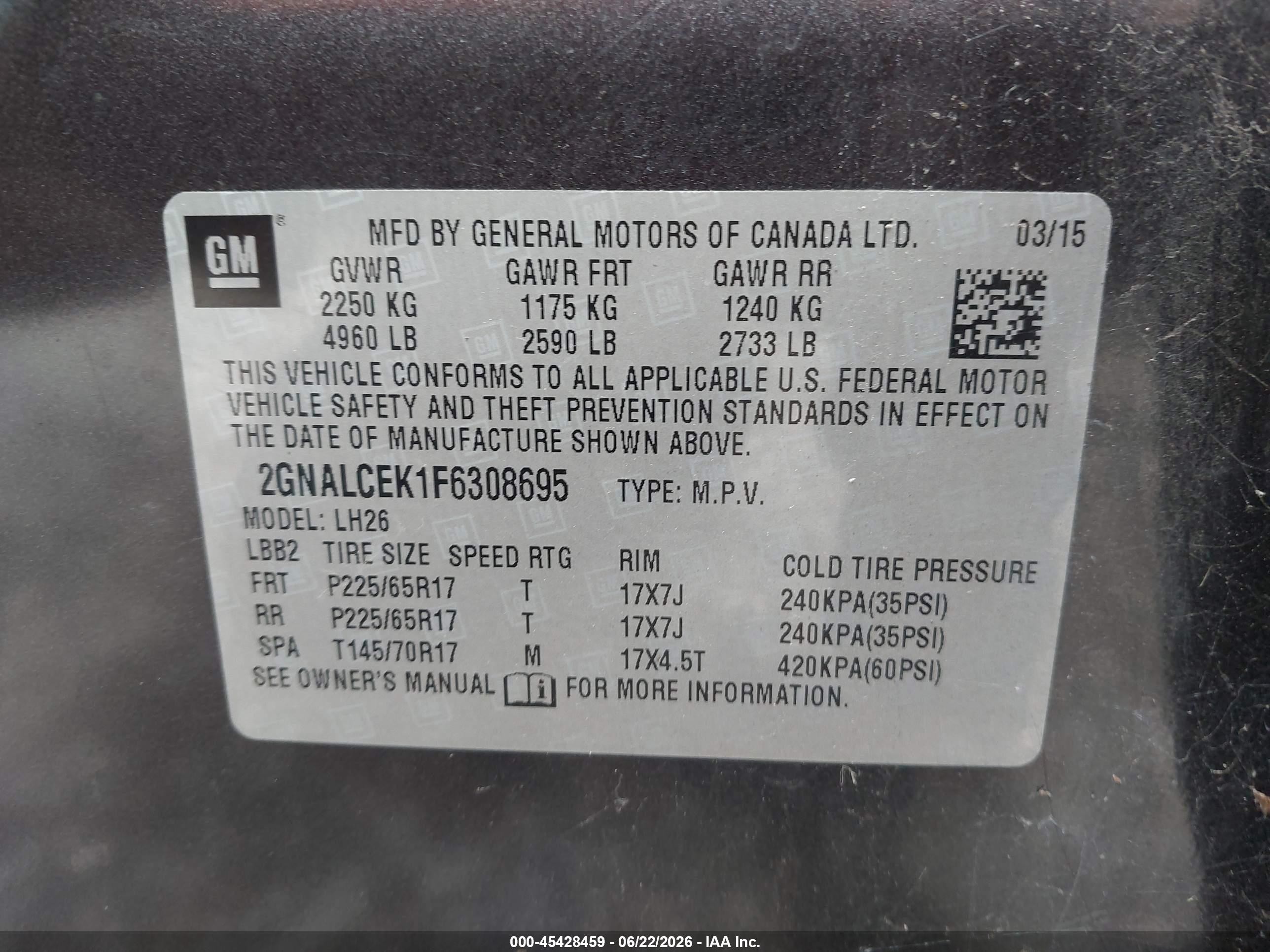 2015 Chevrolet Equinox Lt Серый vin: 2GNALCEK1F6308695