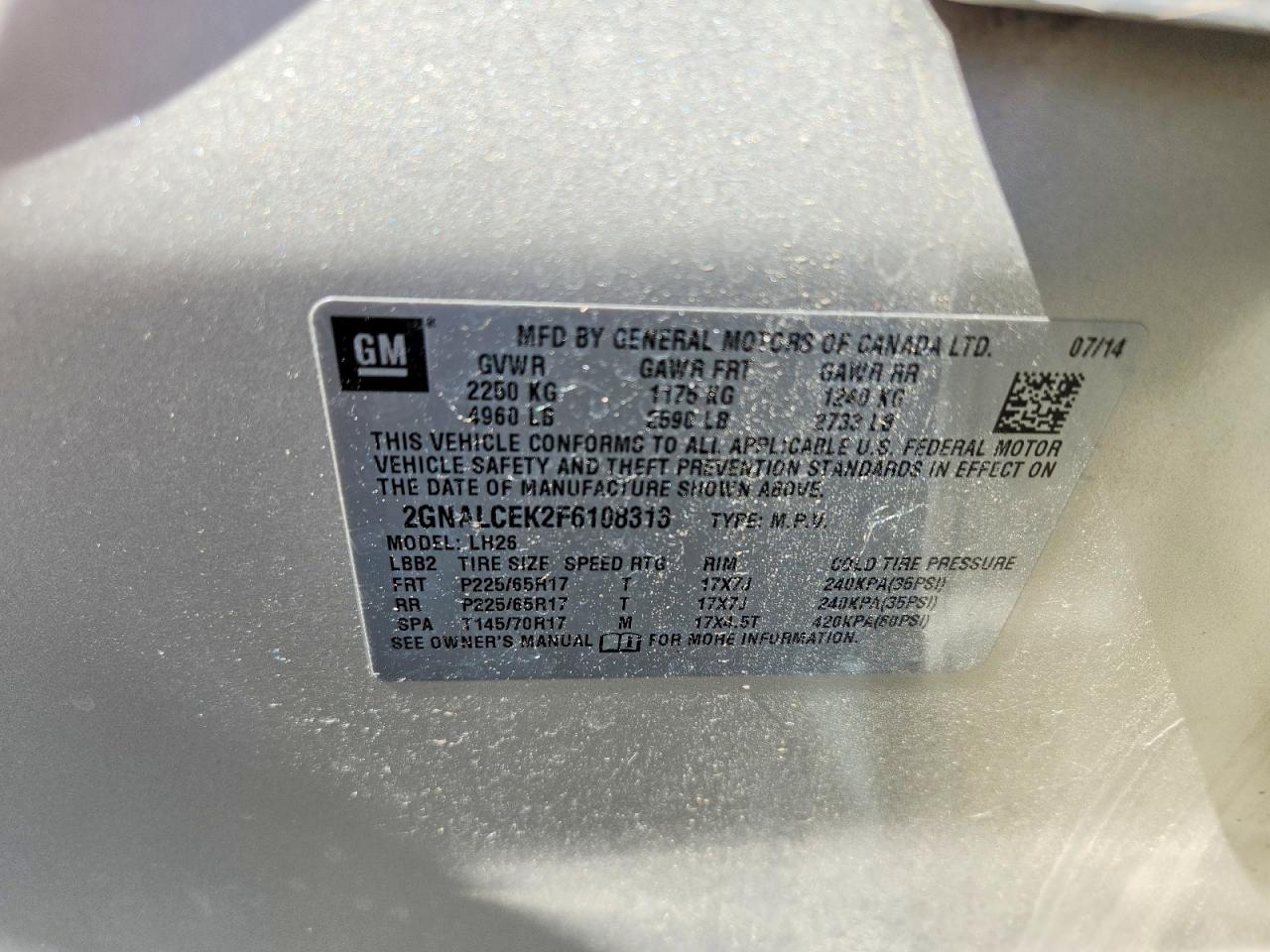 2015 Chevrolet Equinox Lt Tan vin: 2GNALCEK2F6108313