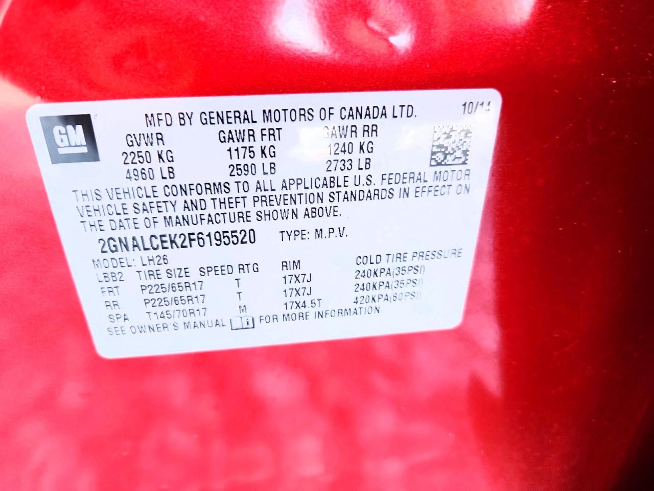 2015 Chevrolet Equinox Lt Red vin: 2GNALCEK2F6195520