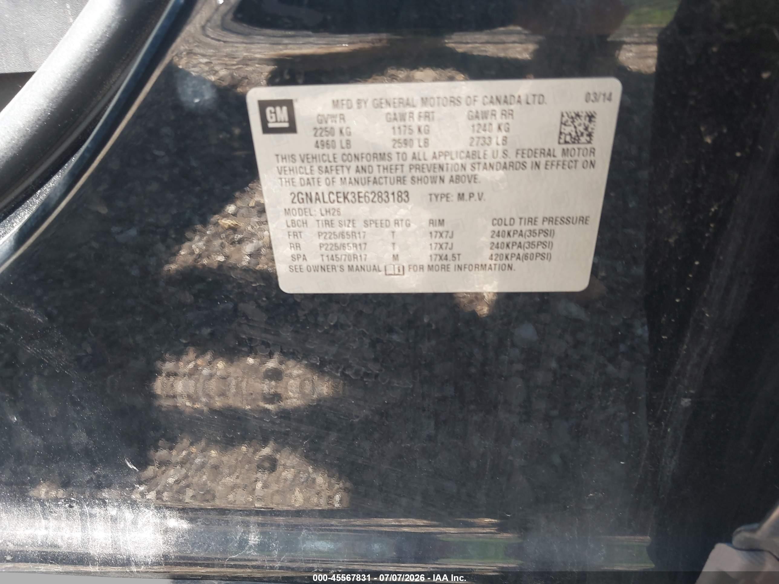 2014 Chevrolet Equinox Lt Black vin: 2GNALCEK3E6283183