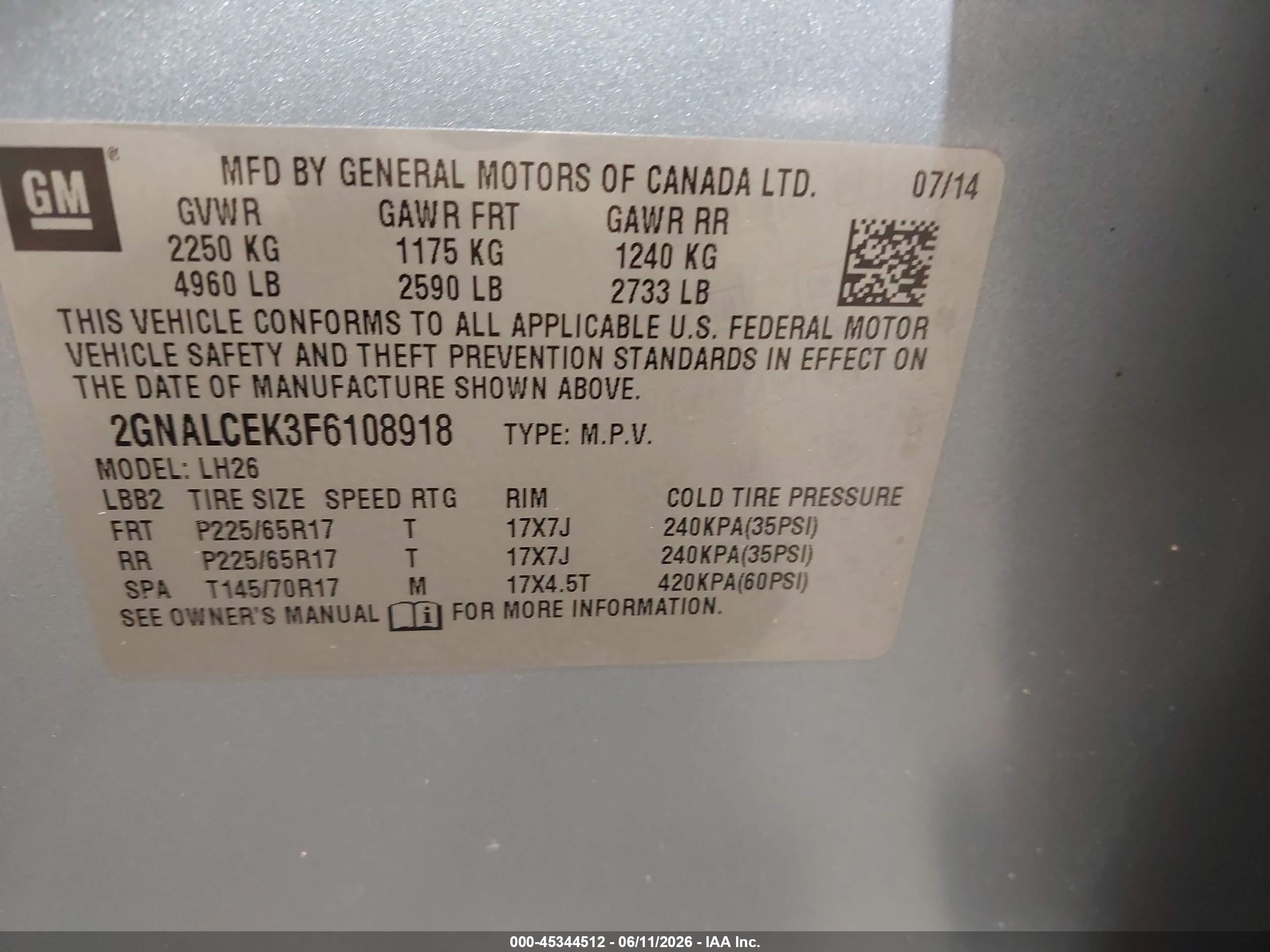 2015 Chevrolet Equinox Lt Blue vin: 2GNALCEK3F6108918