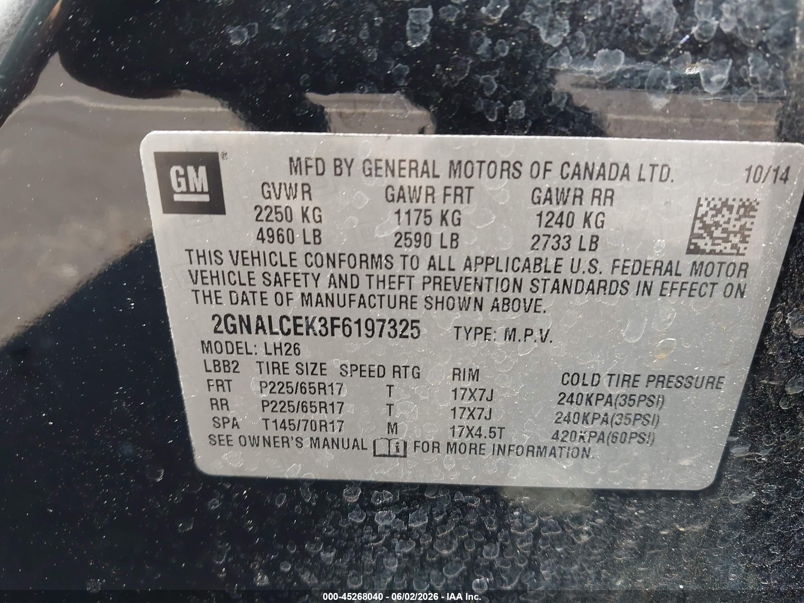 2015 Chevrolet Equinox 2lt Black vin: 2GNALCEK3F6197325