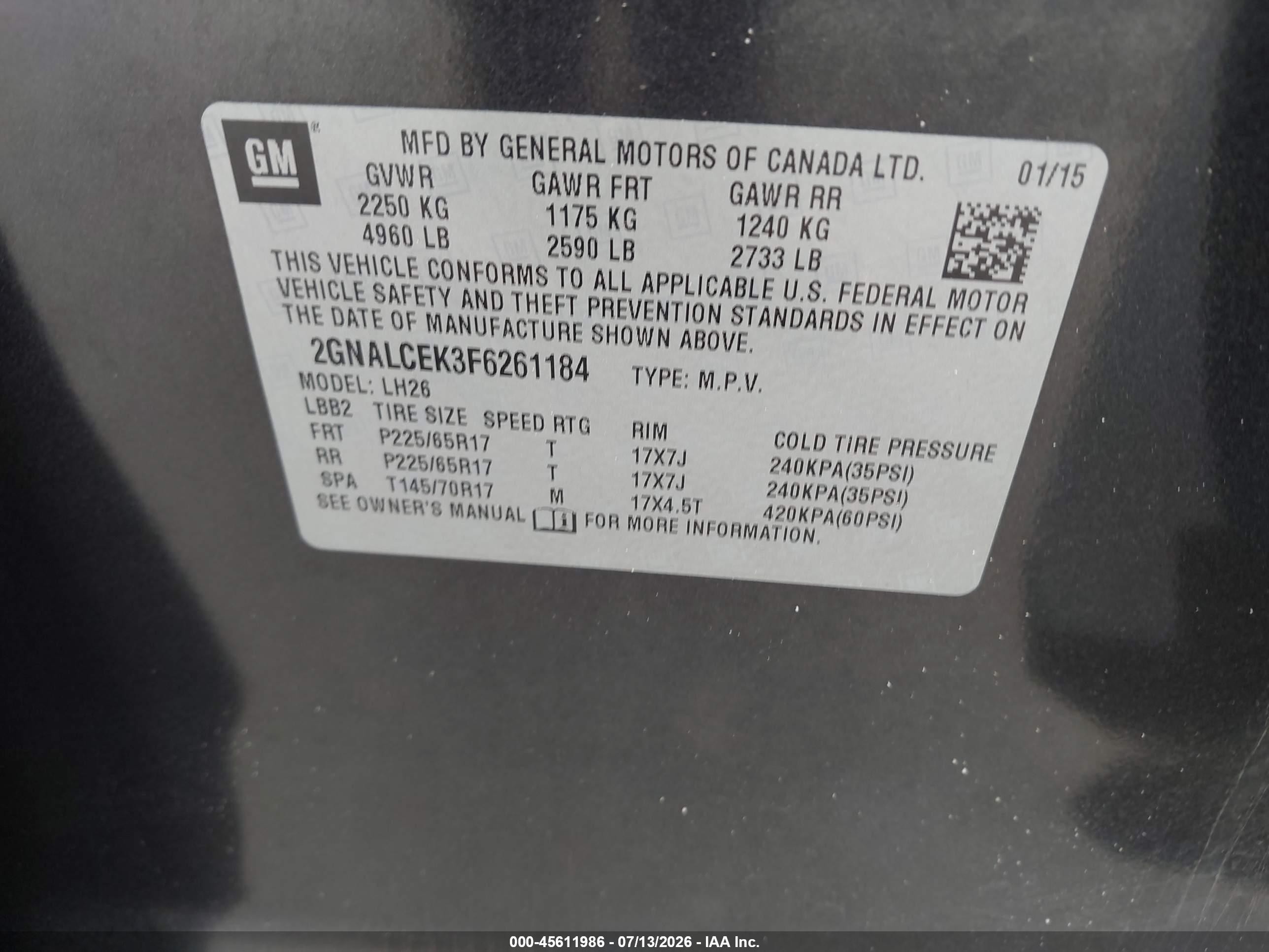 2015 Chevrolet Equinox Lt Black vin: 2GNALCEK3F6261184