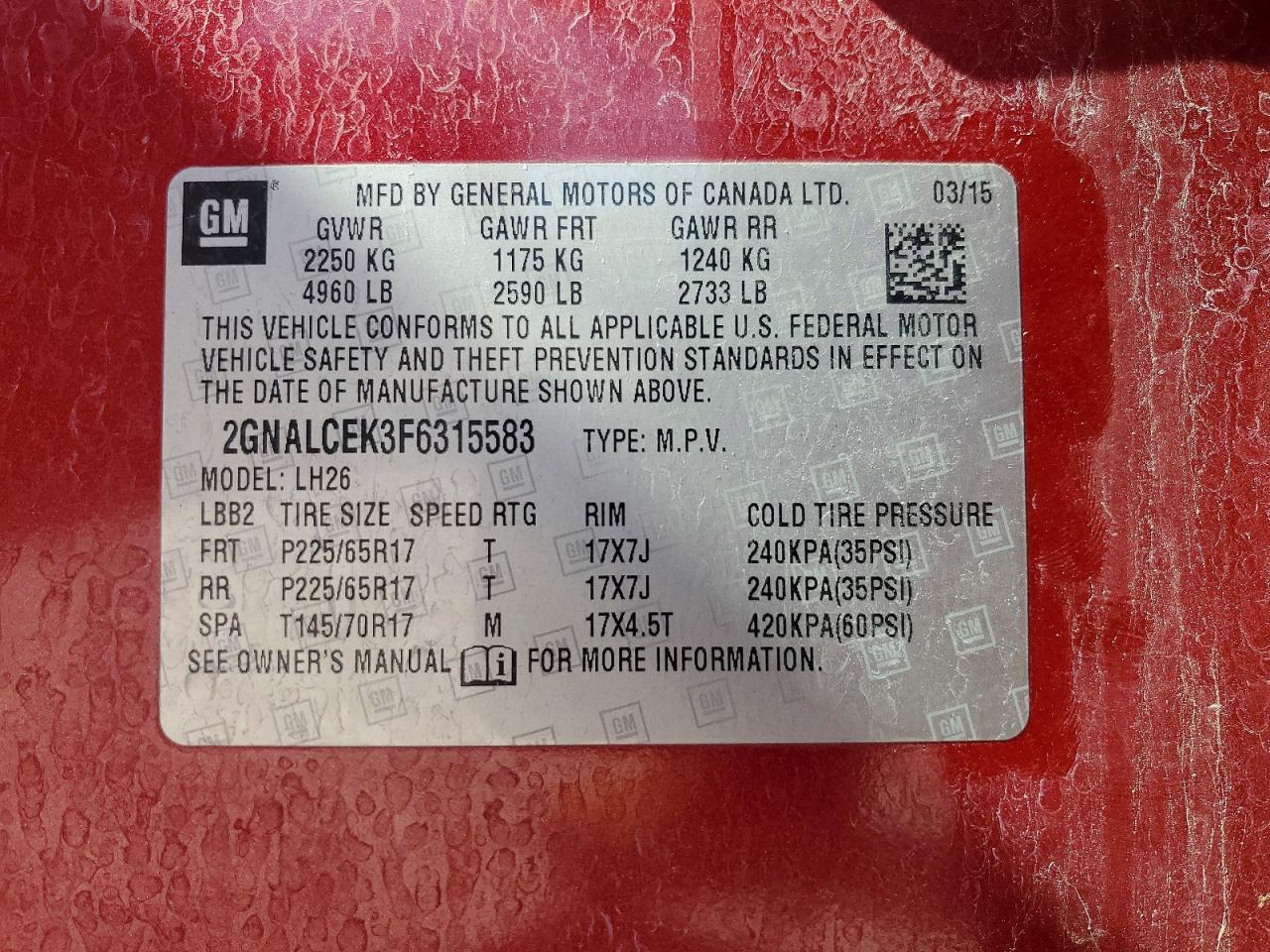2015 Chevrolet Equinox Lt Red vin: 2GNALCEK3F6315583