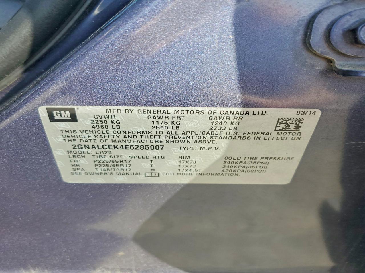 2014 Chevrolet Equinox Lt Blue vin: 2GNALCEK4E6285007
