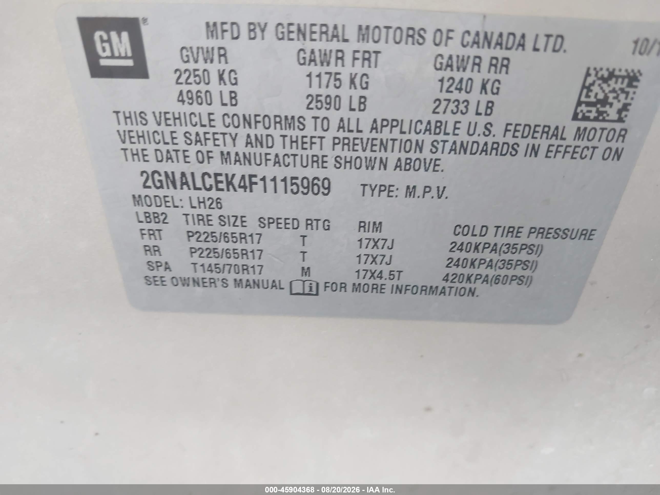2015 Chevrolet Equinox Lt Gold vin: 2GNALCEK4F1115969