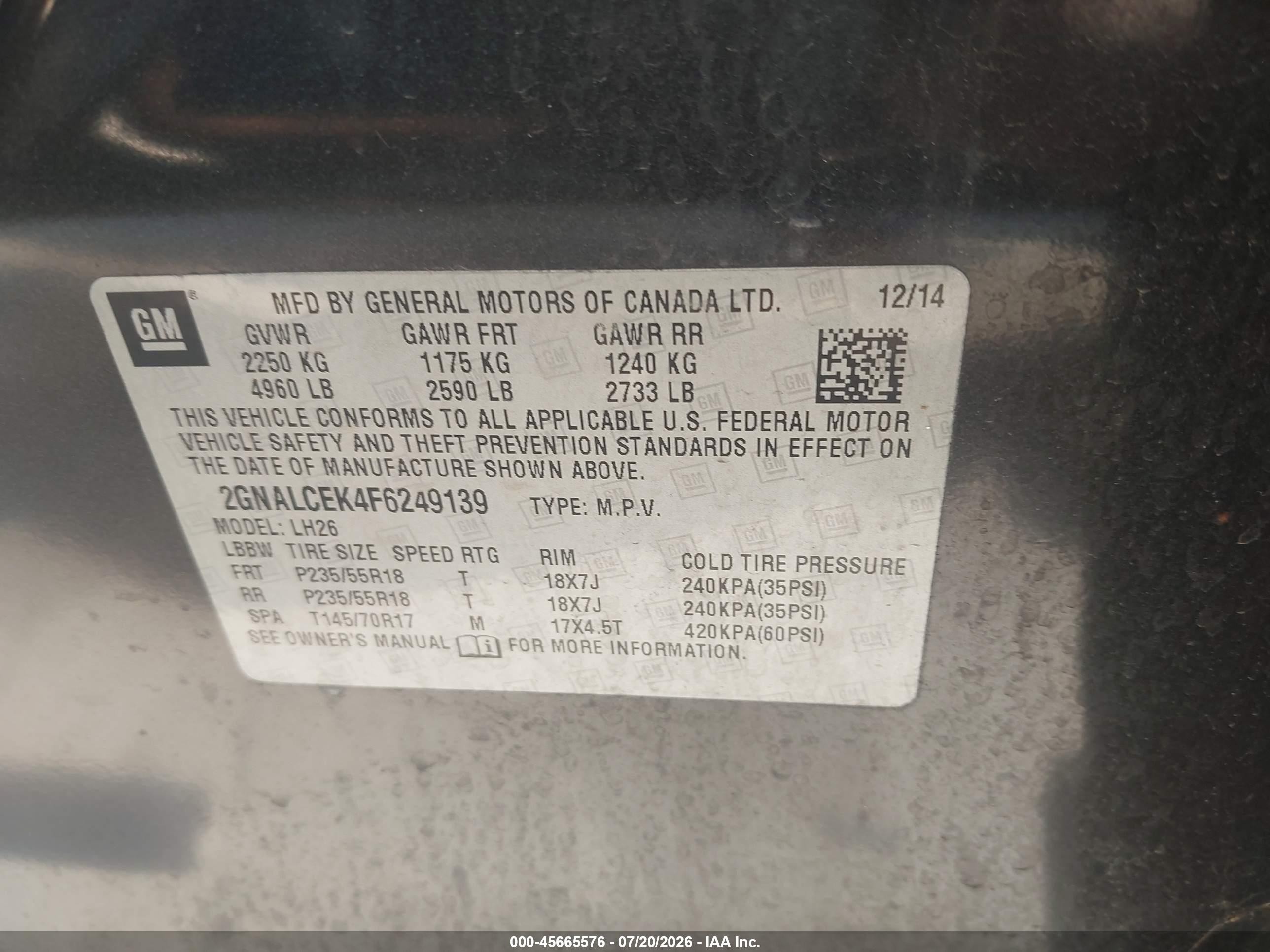 2015 Chevrolet Equinox Lt Gray vin: 2GNALCEK4F6249139