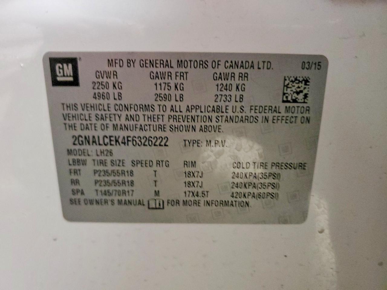 2015 Chevrolet Equinox Lt White vin: 2GNALCEK4F6326222