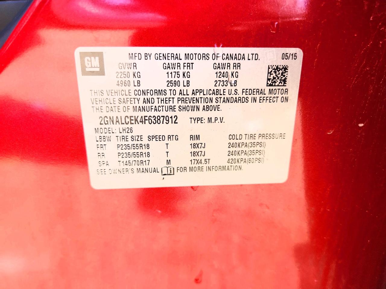 2015 Chevrolet Equinox Lt Red vin: 2GNALCEK4F6387912