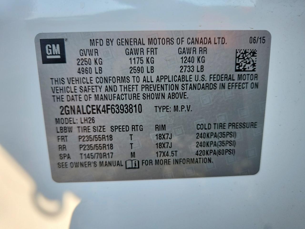 2015 Chevrolet Equinox Lt Белый vin: 2GNALCEK4F6393810