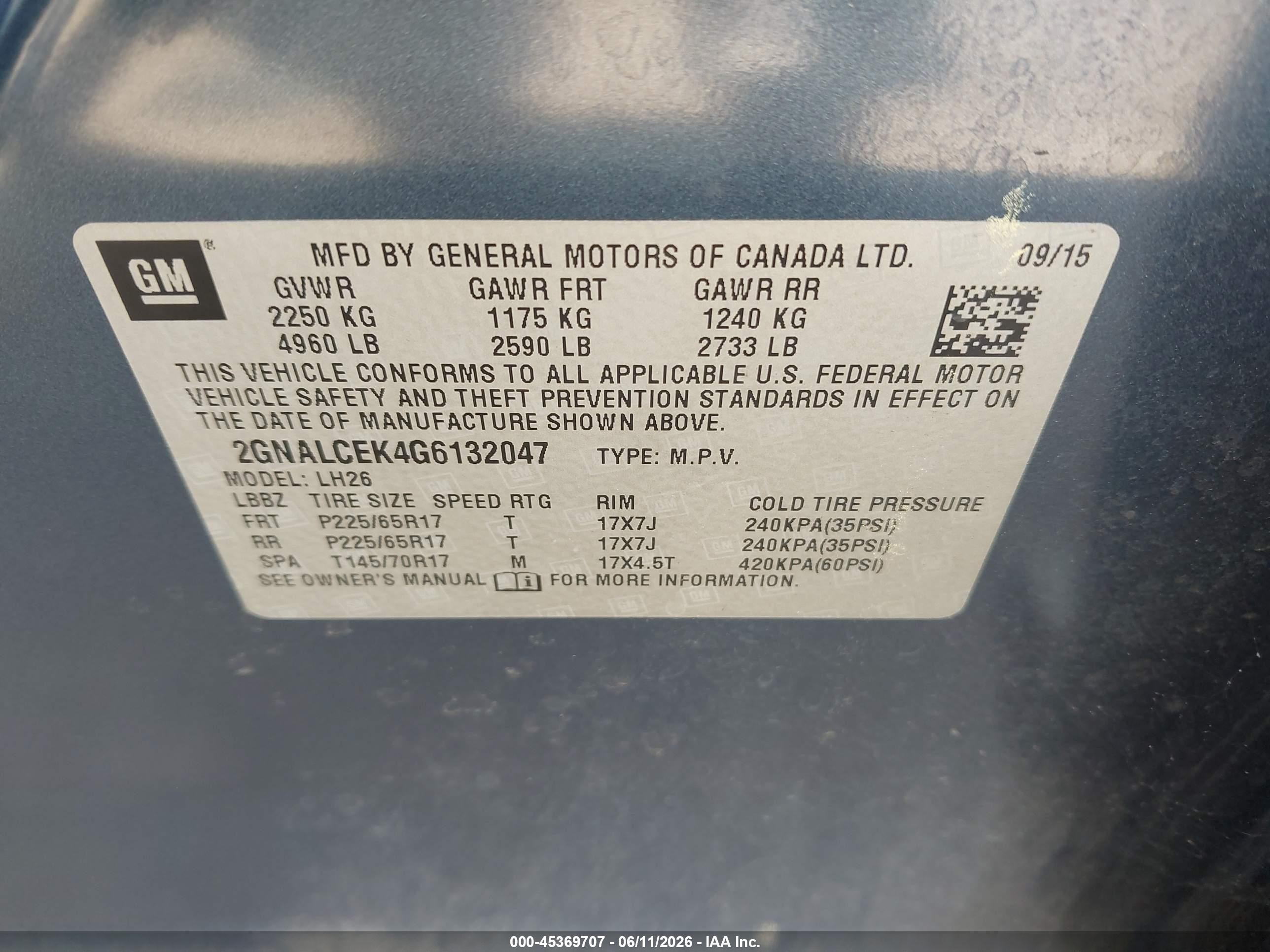 2016 Chevrolet Equinox Lt Blue vin: 2GNALCEK4G6132047