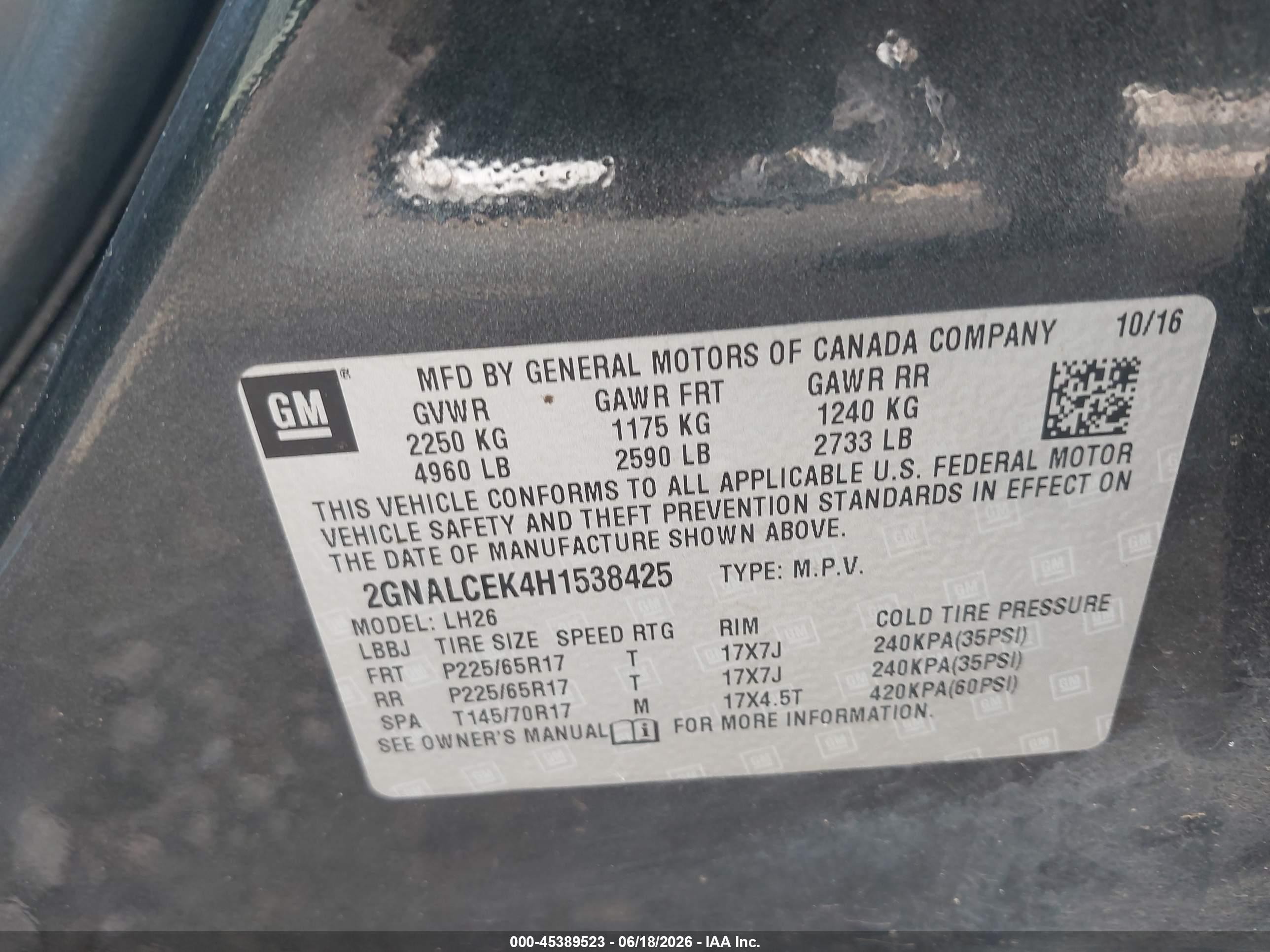 2017 Chevrolet Equinox Lt Black vin: 2GNALCEK4H1538425