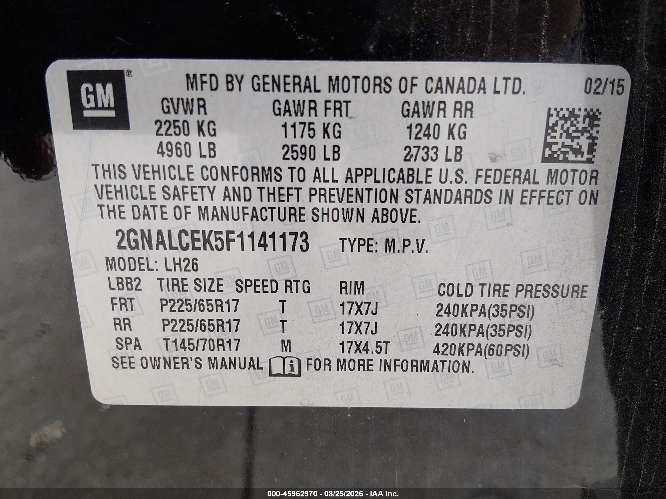2015 Chevrolet Equinox 2lt Black vin: 2GNALCEK5F1141173