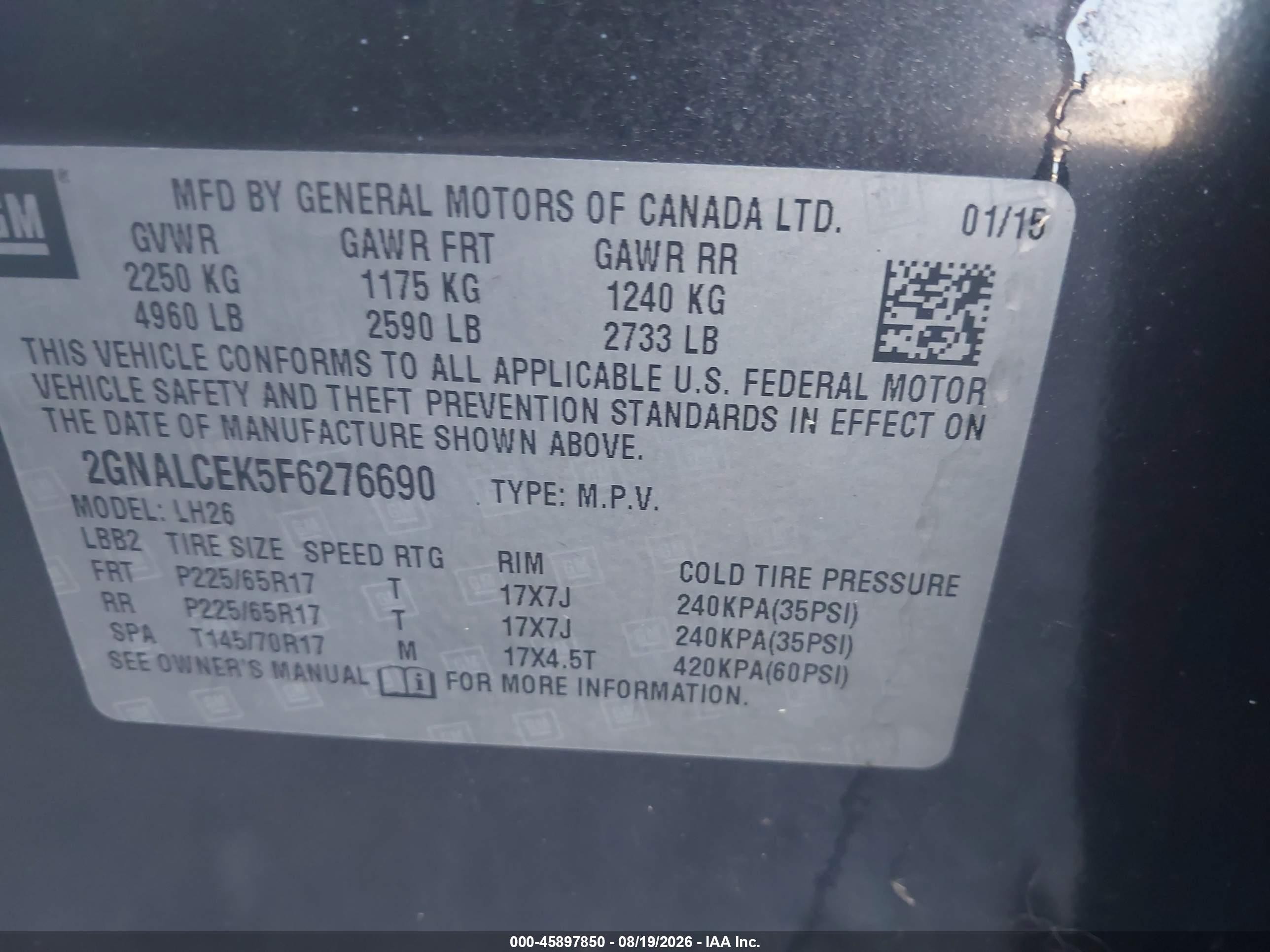 2015 Chevrolet Equinox 2lt Черный vin: 2GNALCEK5F6276690