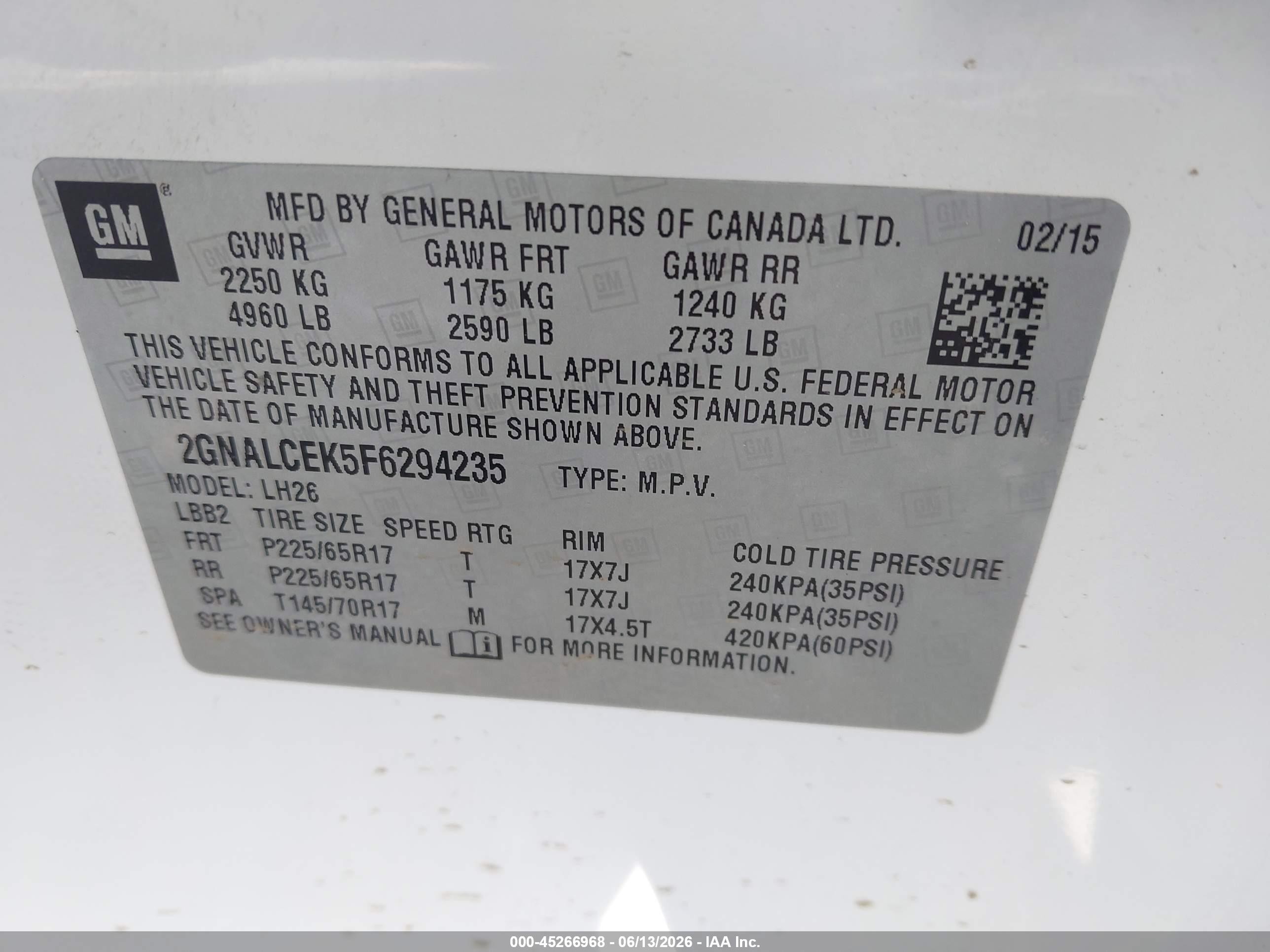 2015 Chevrolet Equinox 2lt White vin: 2GNALCEK5F6294235