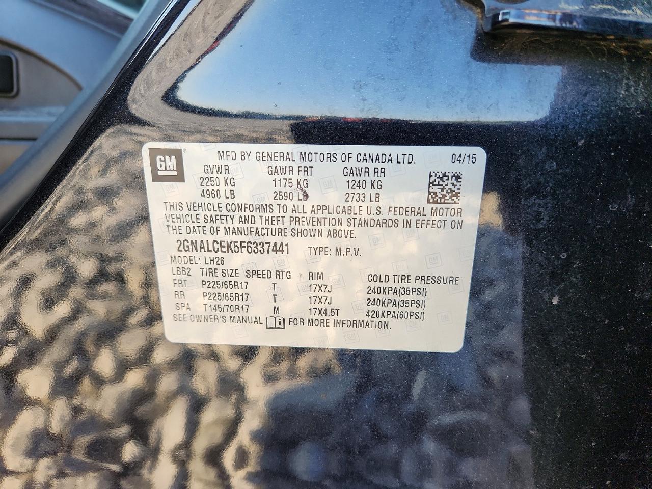2015 Chevrolet Equinox Lt Black vin: 2GNALCEK5F6337441