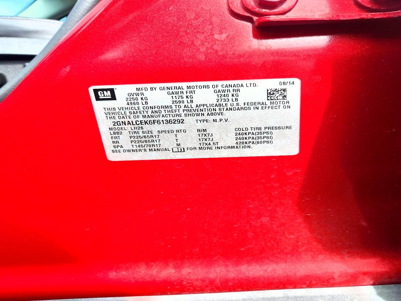 2015 Chevrolet Equinox Lt Red vin: 2GNALCEK6F6136292