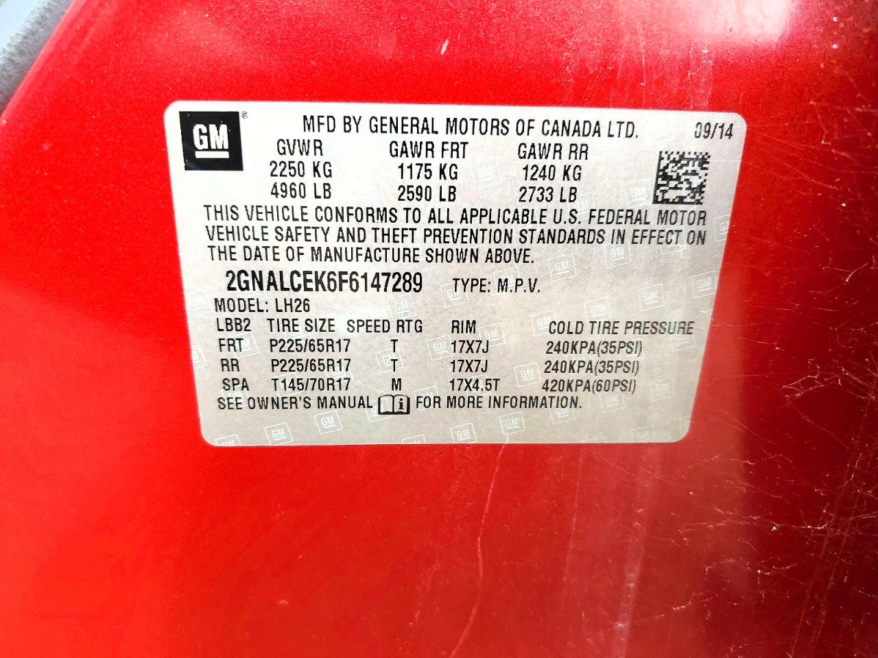 2015 Chevrolet Equinox Lt Red vin: 2GNALCEK6F6147289