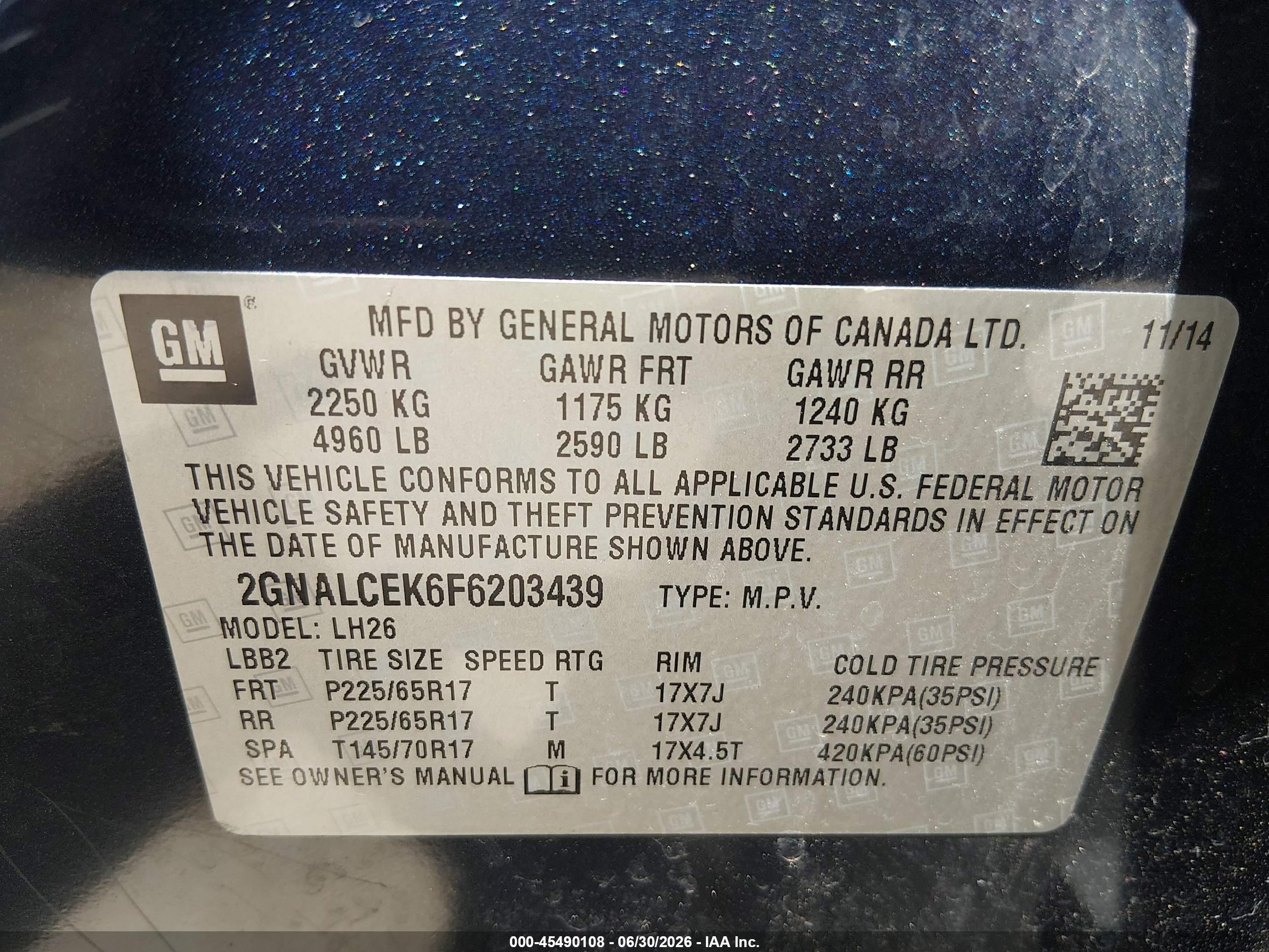 2015 Chevrolet Equinox Lt Navy vin: 2GNALCEK6F6203439