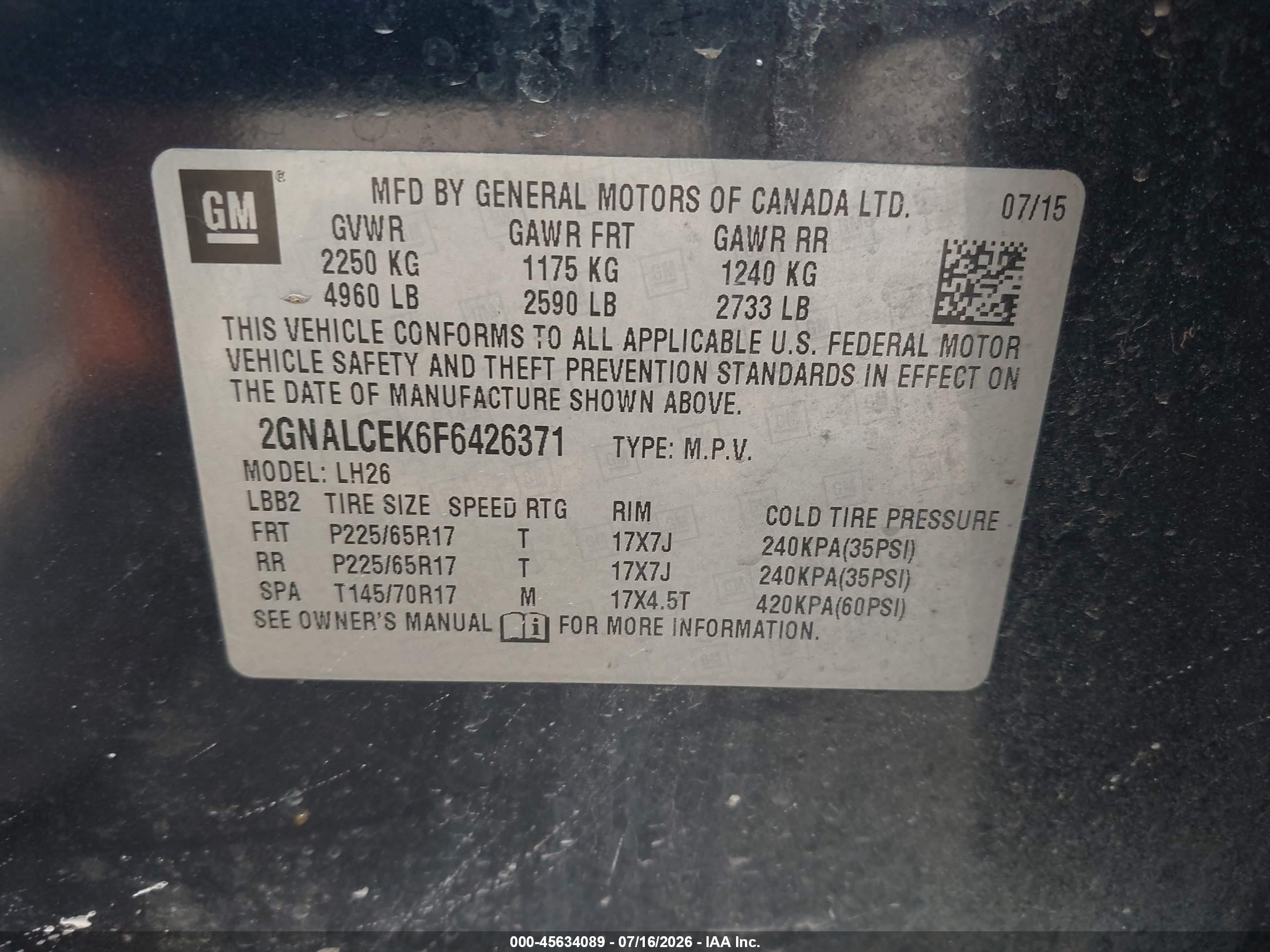2015 Chevrolet Equinox Lt Blue vin: 2GNALCEK6F6426371