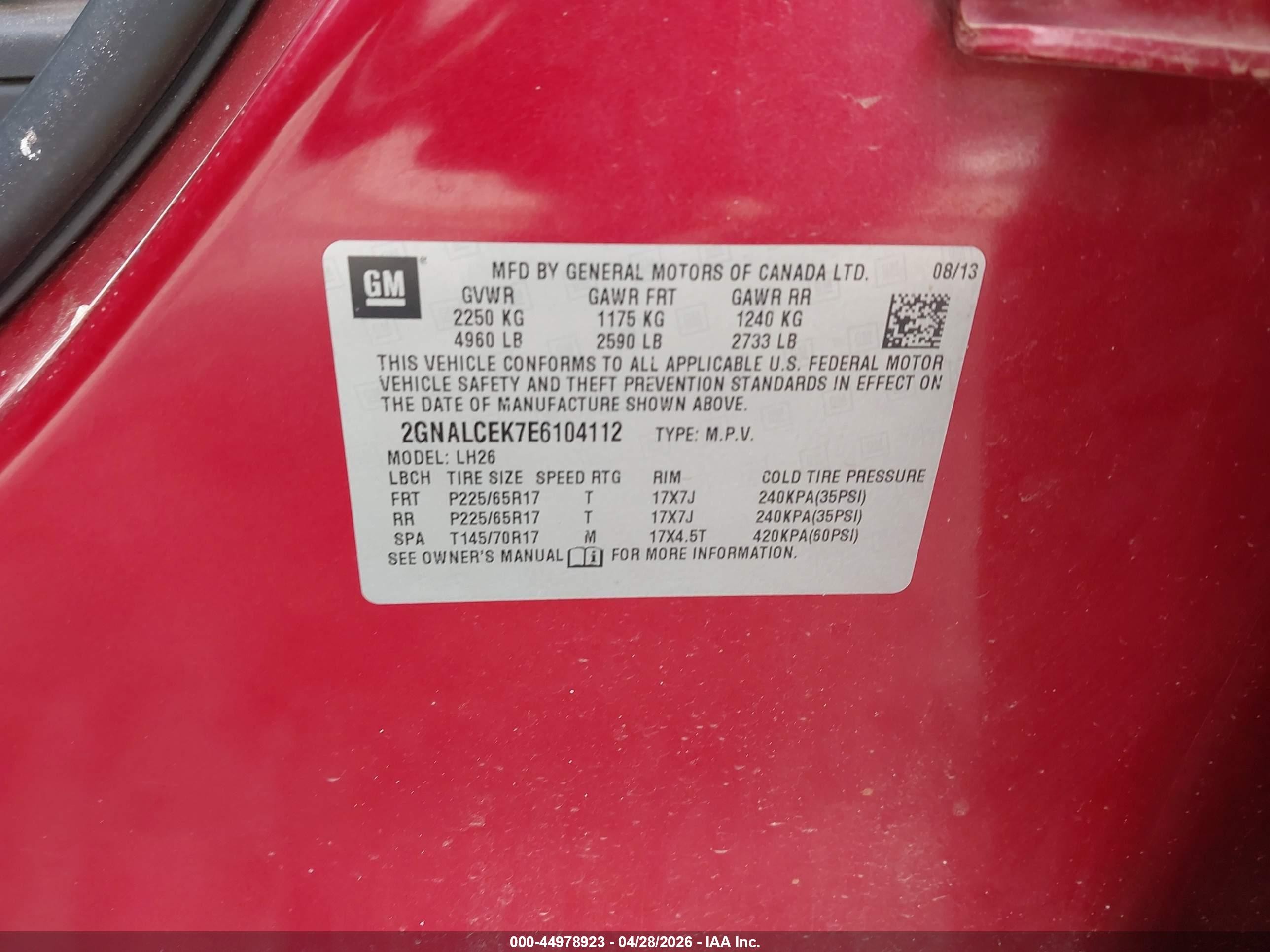 2014 Chevrolet Equinox 2lt Red vin: 2GNALCEK7E6104112