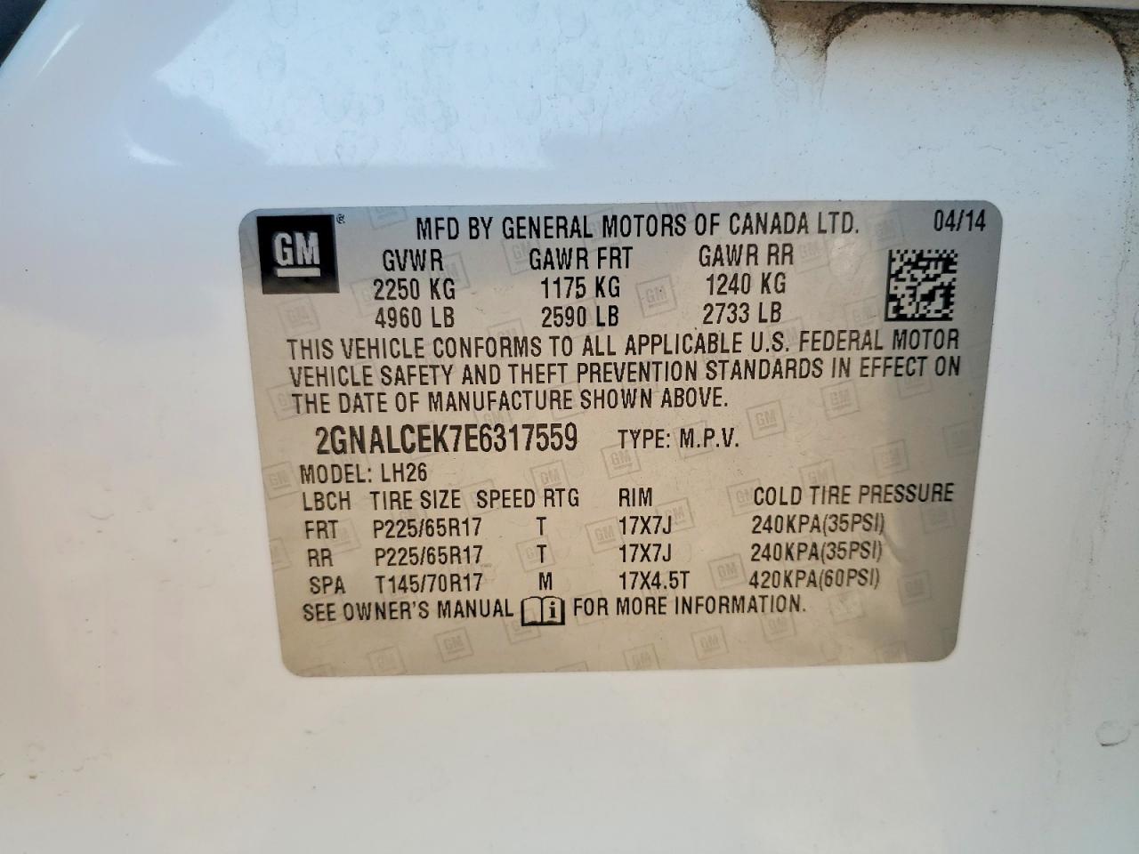 2014 Chevrolet Equinox Lt White vin: 2GNALCEK7E6317559