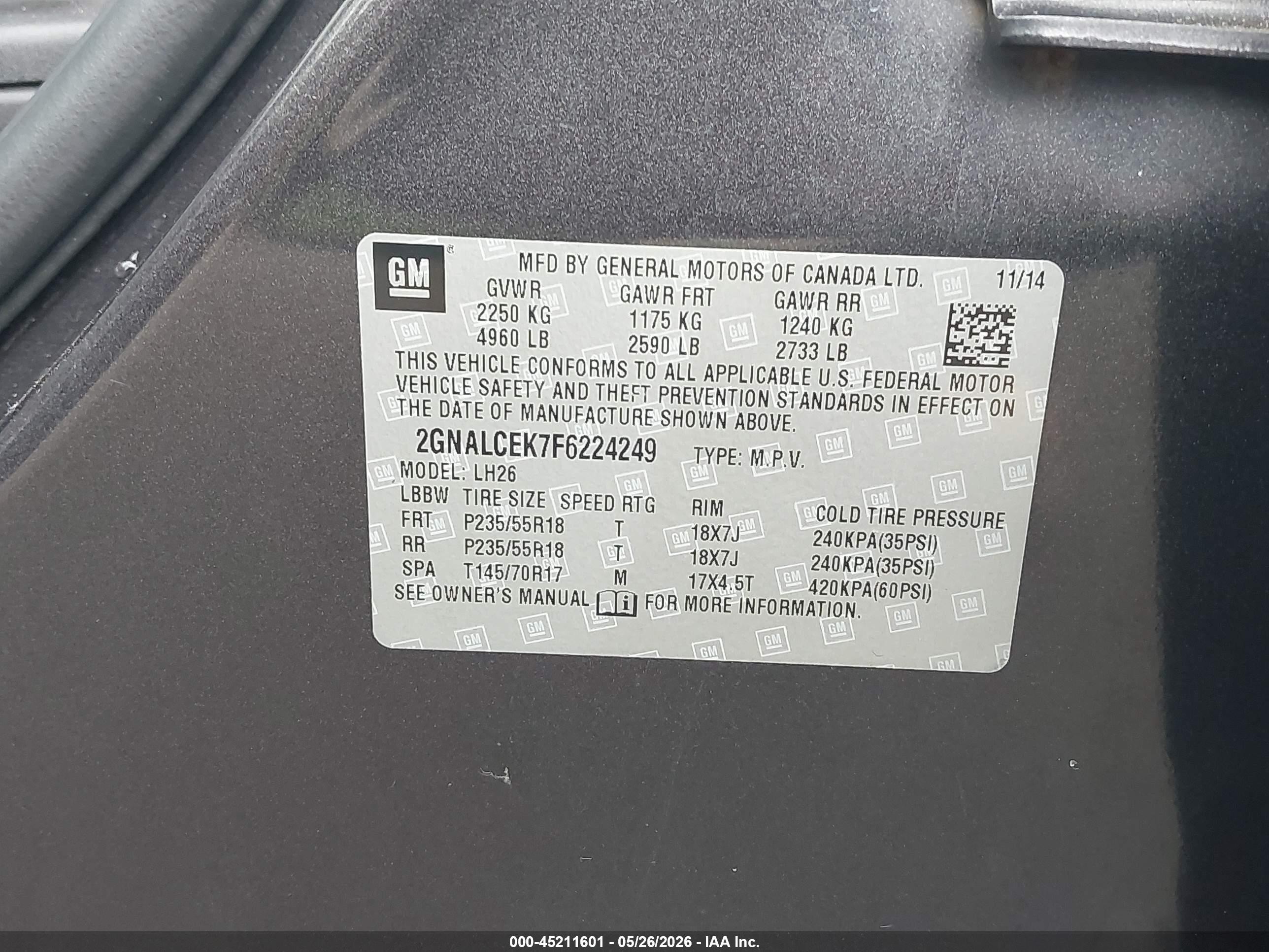 2015 Chevrolet Equinox 2lt Gray vin: 2GNALCEK7F6224249