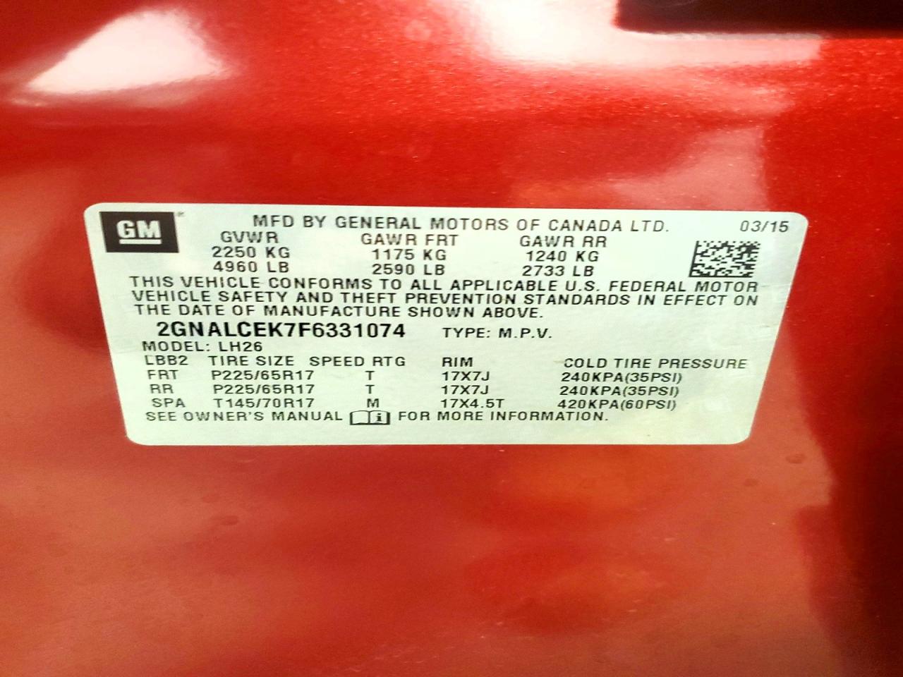 2015 Chevrolet Equinox Lt Red vin: 2GNALCEK7F6331074