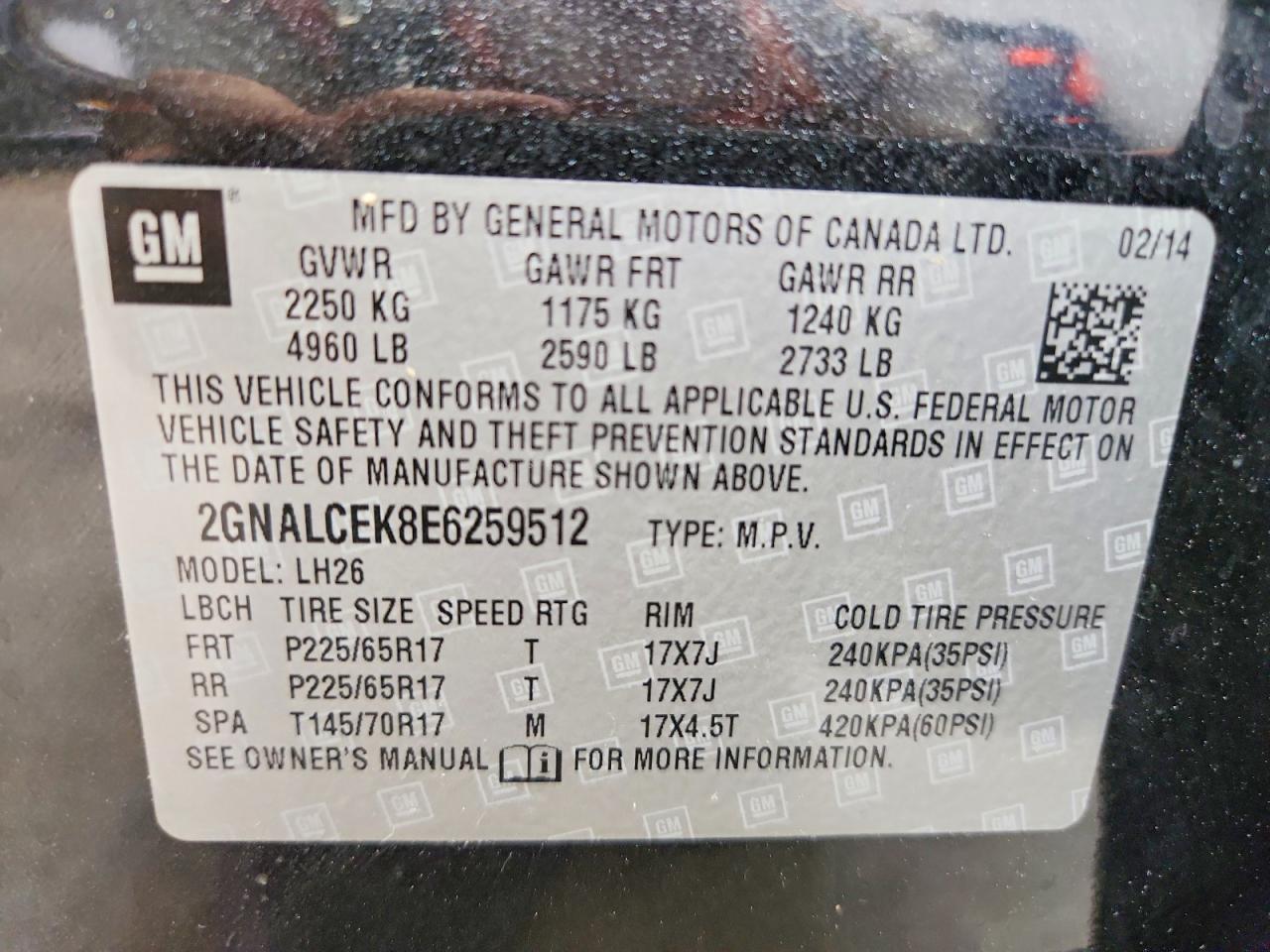 2014 Chevrolet Equinox Lt Charcoal vin: 2GNALCEK8E6259512