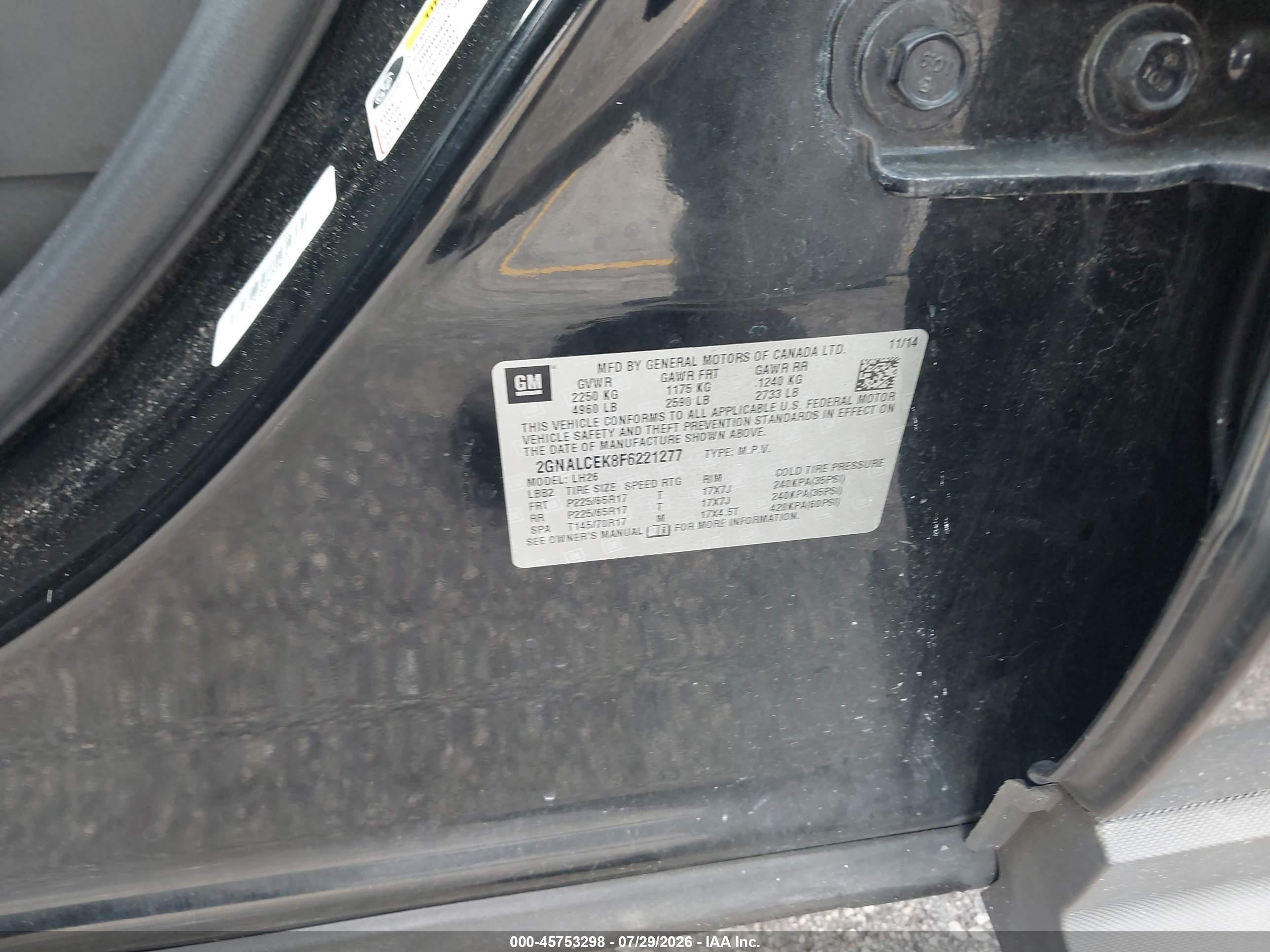 2015 Chevrolet Equinox Lt Black vin: 2GNALCEK8F6221277