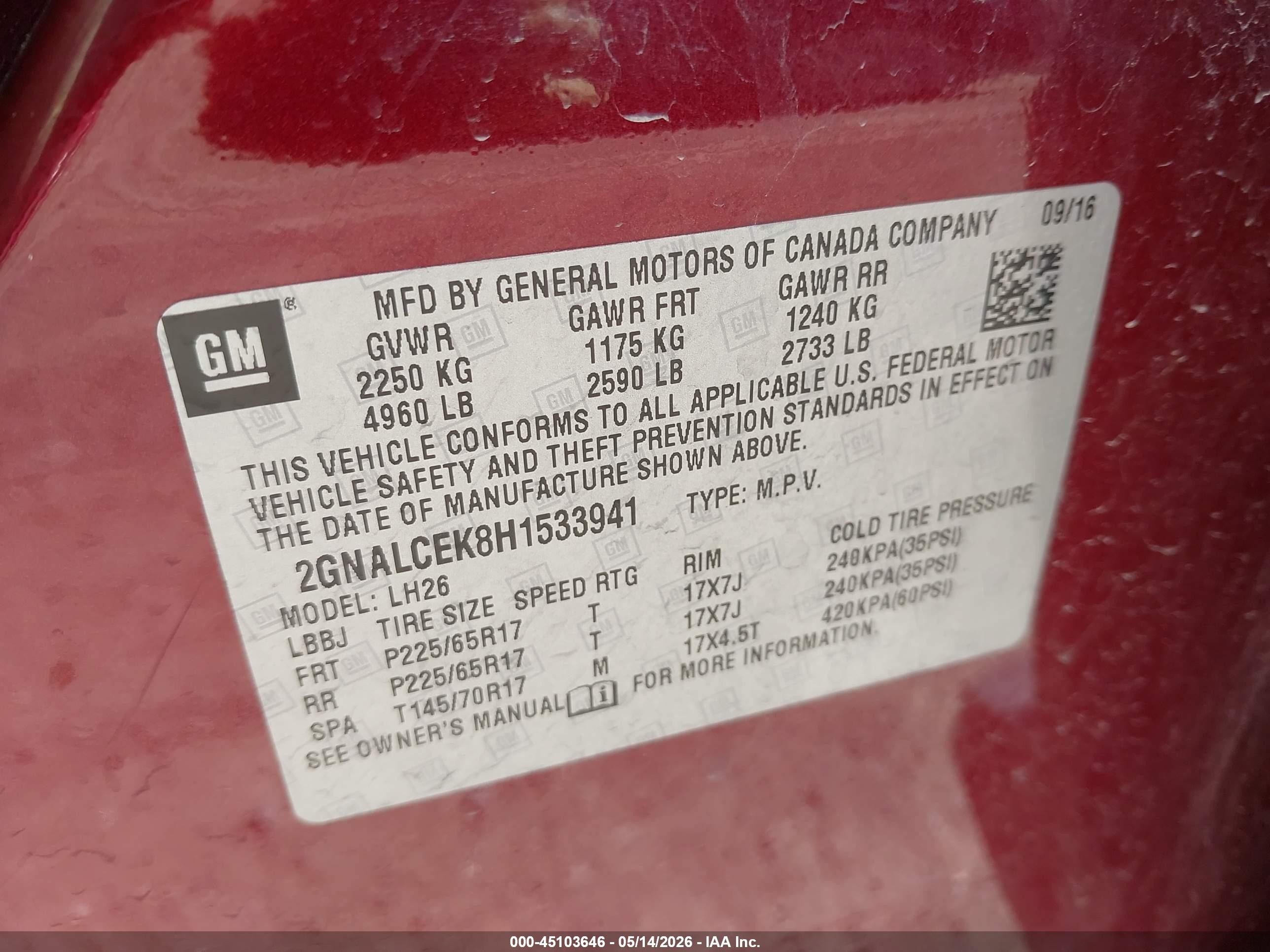 2017 Chevrolet Equinox Lt Red vin: 2GNALCEK8H1533941