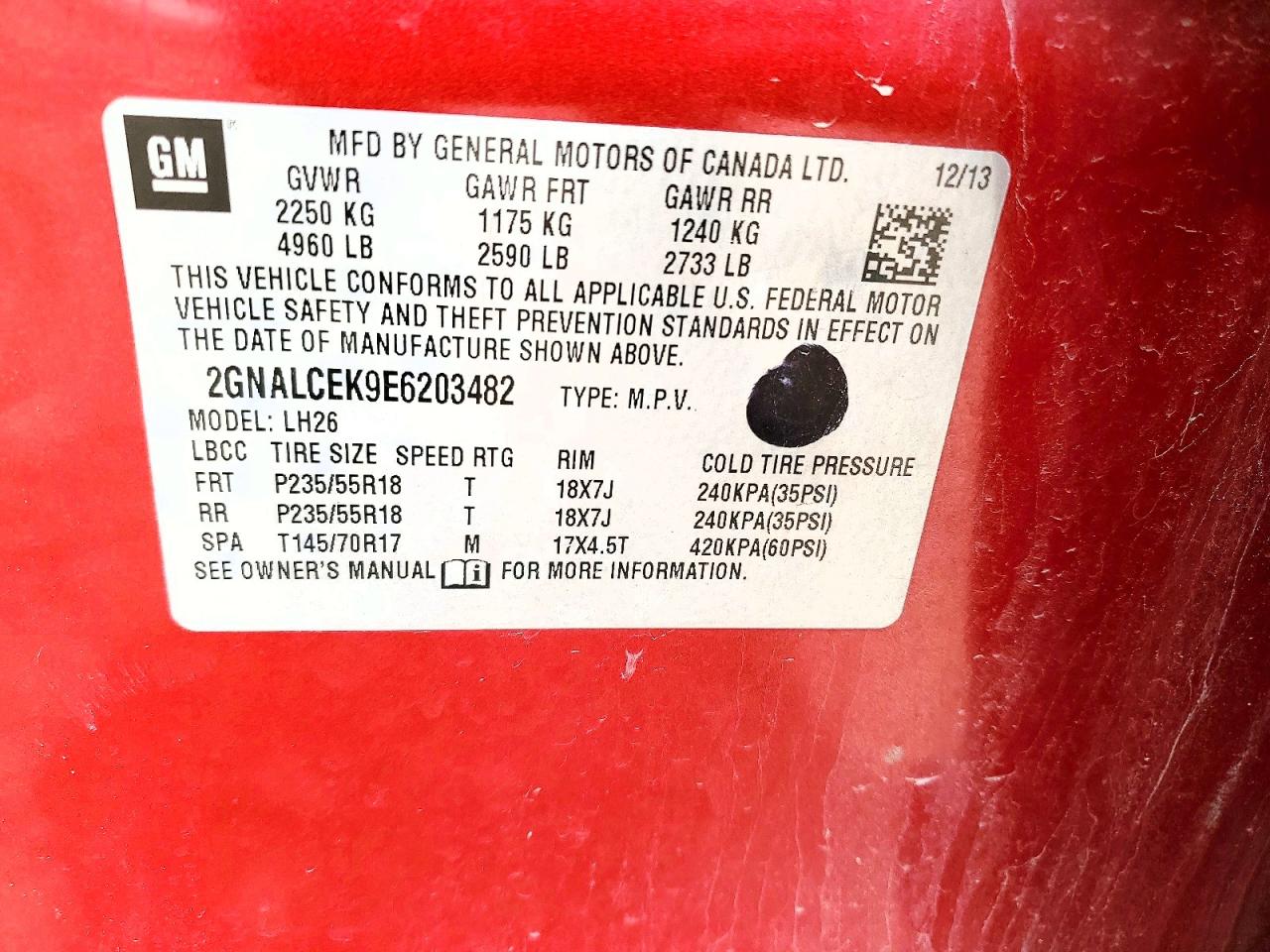 2014 Chevrolet Equinox Lt Red vin: 2GNALCEK9E6203482
