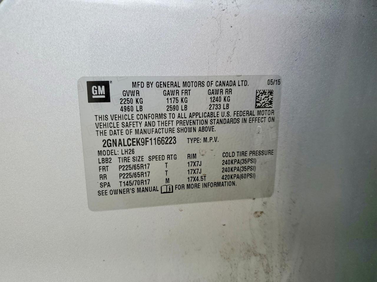 2015 Chevrolet Equinox Lt Серебряный vin: 2GNALCEK9F1166223