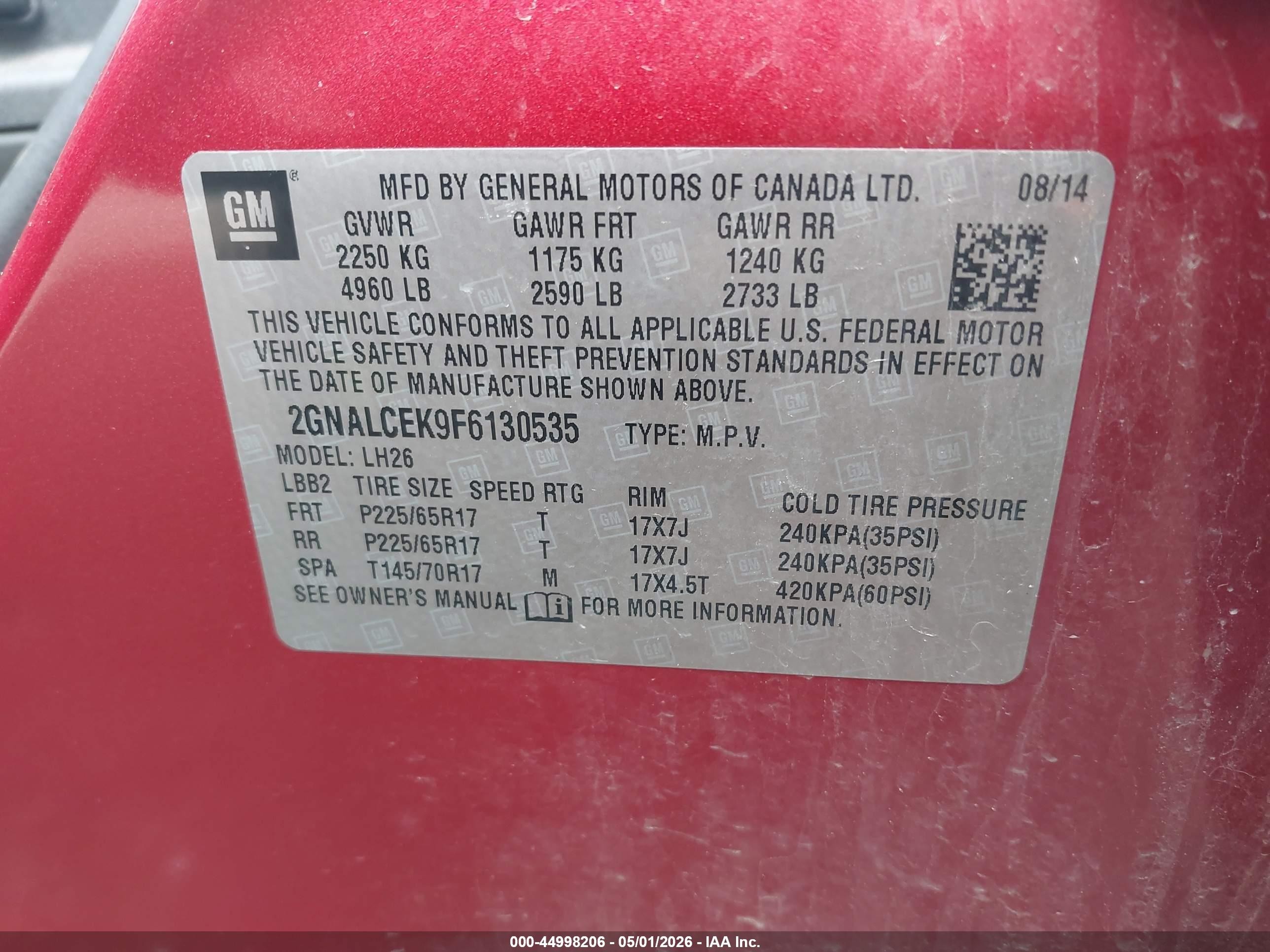2015 Chevrolet Equinox 2lt Red vin: 2GNALCEK9F6130535