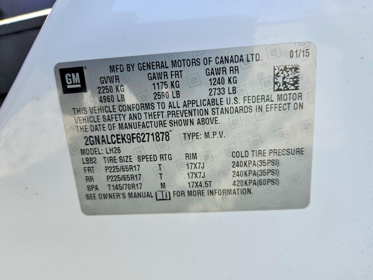 2015 Chevrolet Equinox Lt White vin: 2GNALCEK9F6271878