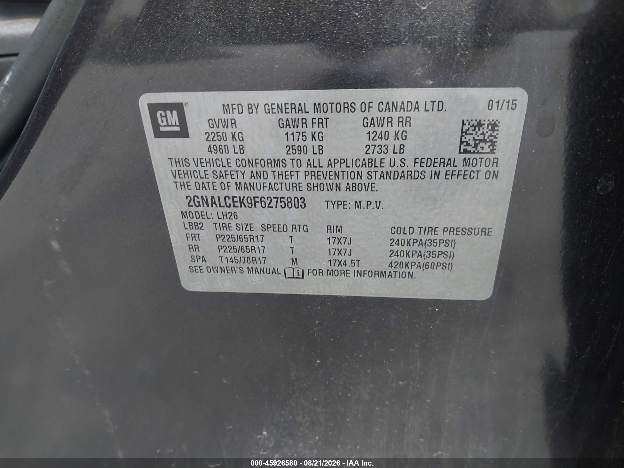 2015 Chevrolet Equinox 2lt Gray vin: 2GNALCEK9F6275803